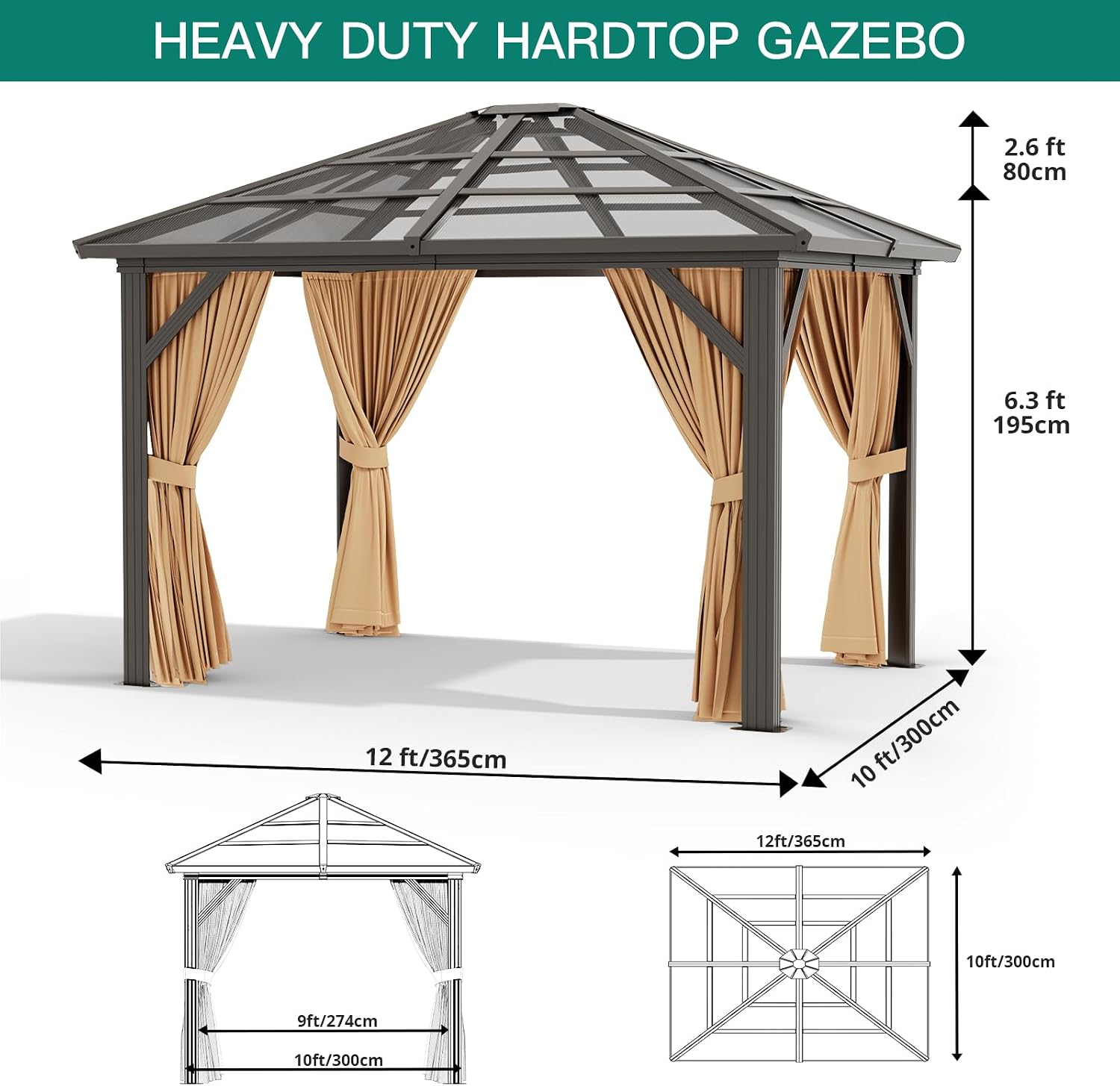 GarveeLife 10x12 ft Gazebo, Hardtop Outdoor Canopy Aluminum Frame Permanent Gazebo with Netting and Curtains, Polycarbonate Garden Tent for Patio, Lawn, Backyard, Deck (10 ft x12 ft)