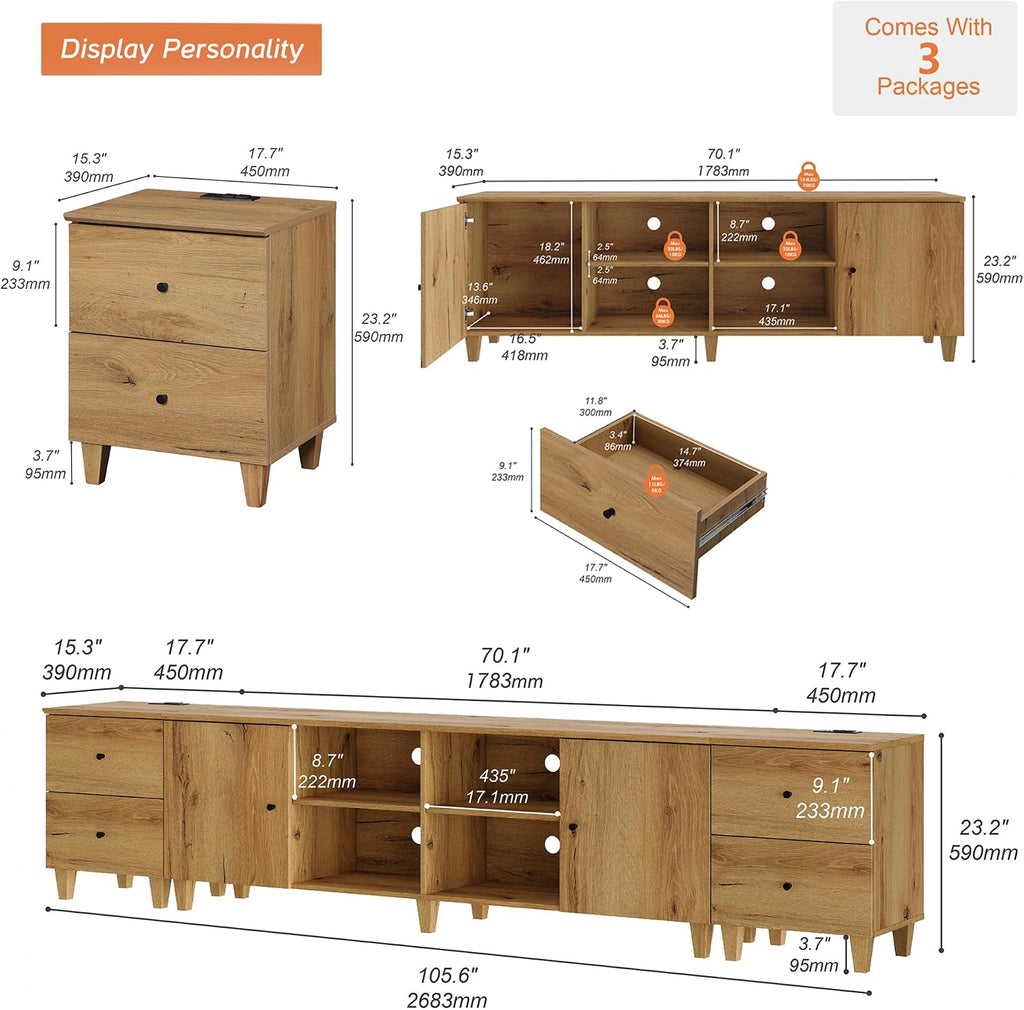 WAMPAT 3-in-1 TV Stand w/Doors&Charging Station, 105' Modern Wood Entertainment Center Media Console for 110+ inch TVs, TV Cabinet w/Shelves&4 Drawers for Living Room, Bedroom, Oak Brown