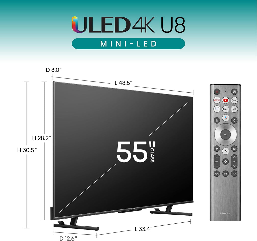 Hisense 55-Inch Class U8 Series Mini-LED ULED 4K UHD Google Smart TV (55U8N) - QLED, Dolby Vision IQ, Dolby Atmos, Full Array Local Dimming Pro, 144Hz Game Mode Pro, Alexa Compatibility
