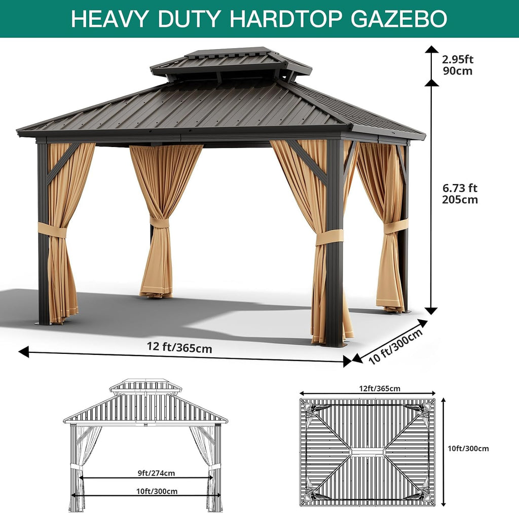 10x12ft Hardtop Gazebo, Aluminum Permanent Gazebo Double Roof Canopy with Netting and Curtains Outdoor Gazebos Galvanized Iron Aluminum Frame Garden Tent for Patio, Backyard, Deck, Lawns