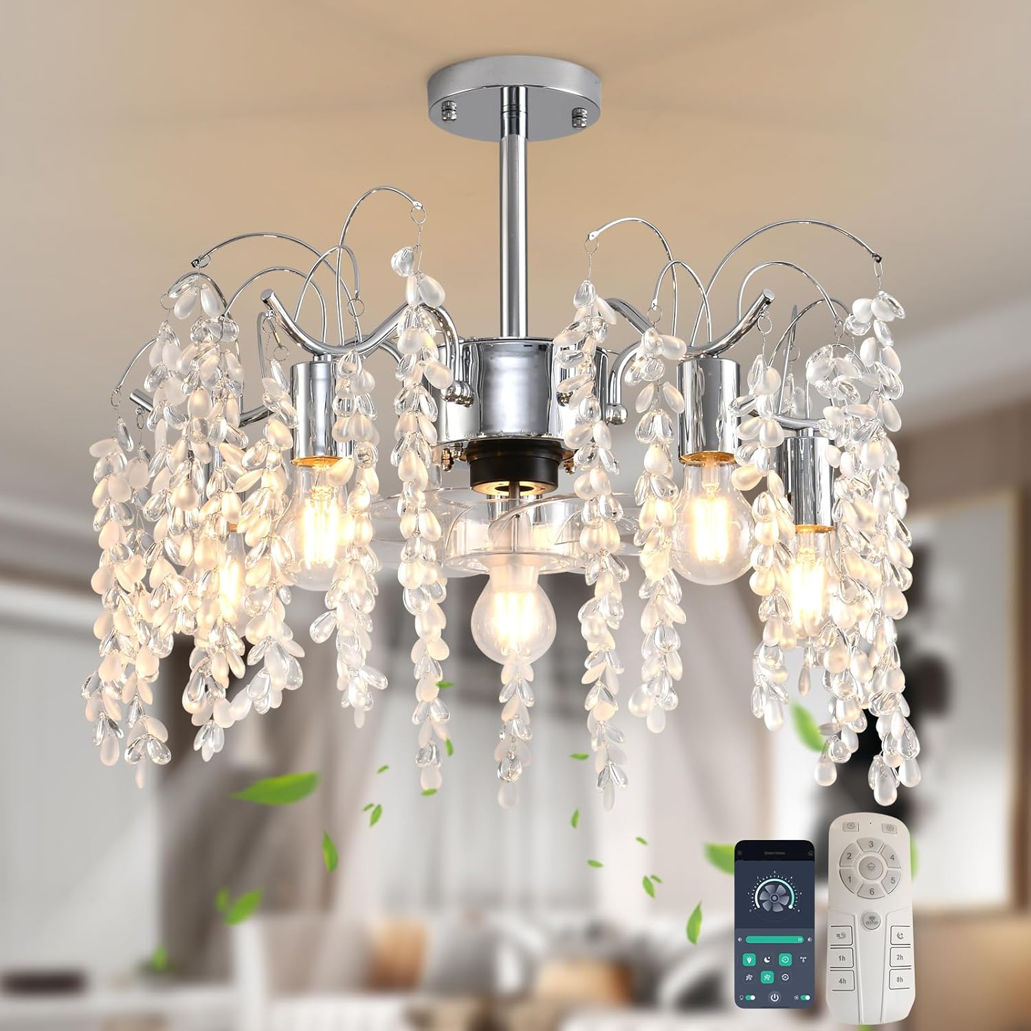 Garwarm 20in Ceiling Fans with Lights,Modern Fandelier Ceiling Fan with Light and Remote,Bladeless Crystals Chandelier Ceiling Fan for Bedroom Kitchen Living Room(6 Speed, Timing)-Chrome