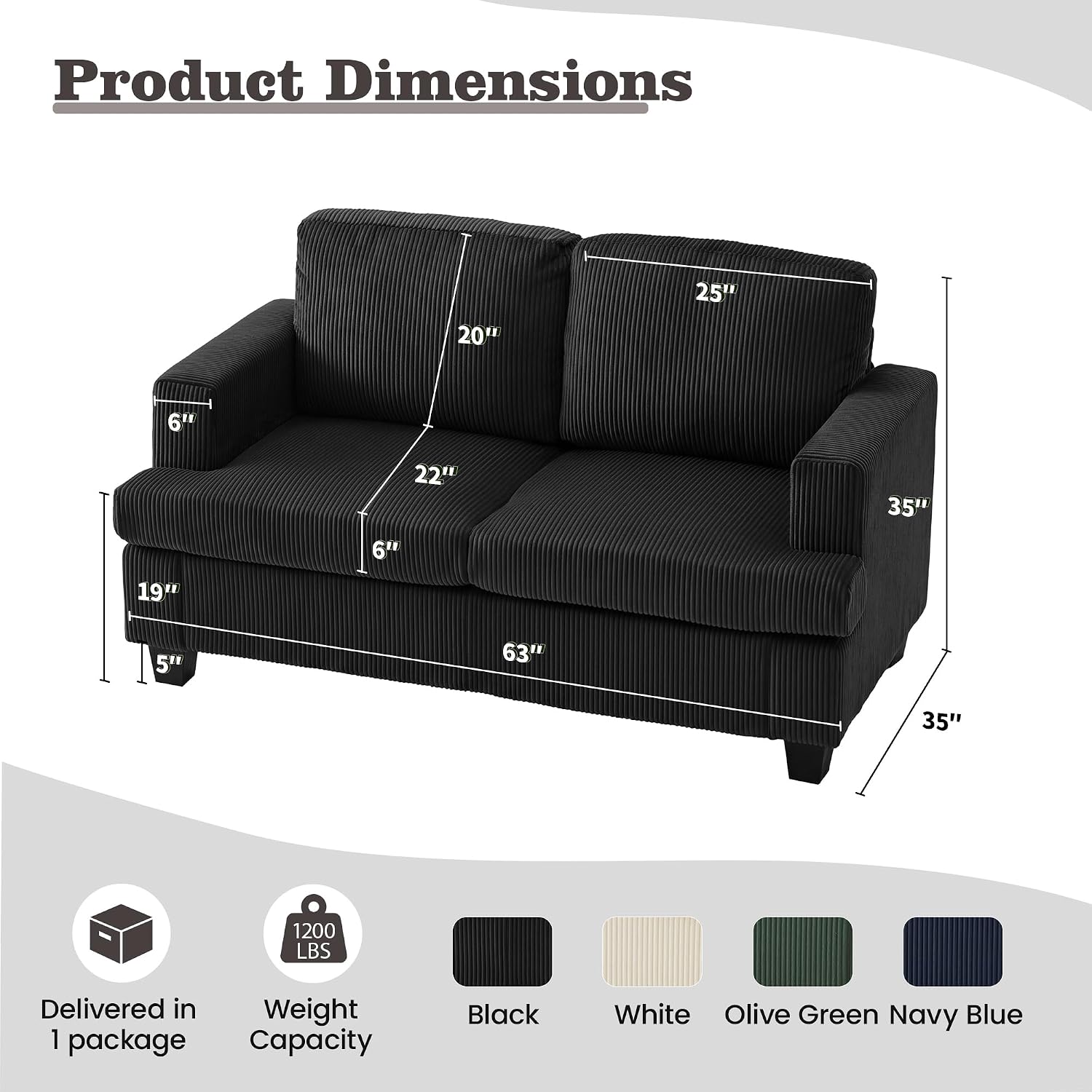 Apicizon Loveseat & 3 Seater Sofa Sets, 89' Couch Sofa Set for Living Room Furniture, 2 Piece Modern Sleeper Sofa with Deep Seat Cloud Couch for Apartment Lounge, Black Corduroy