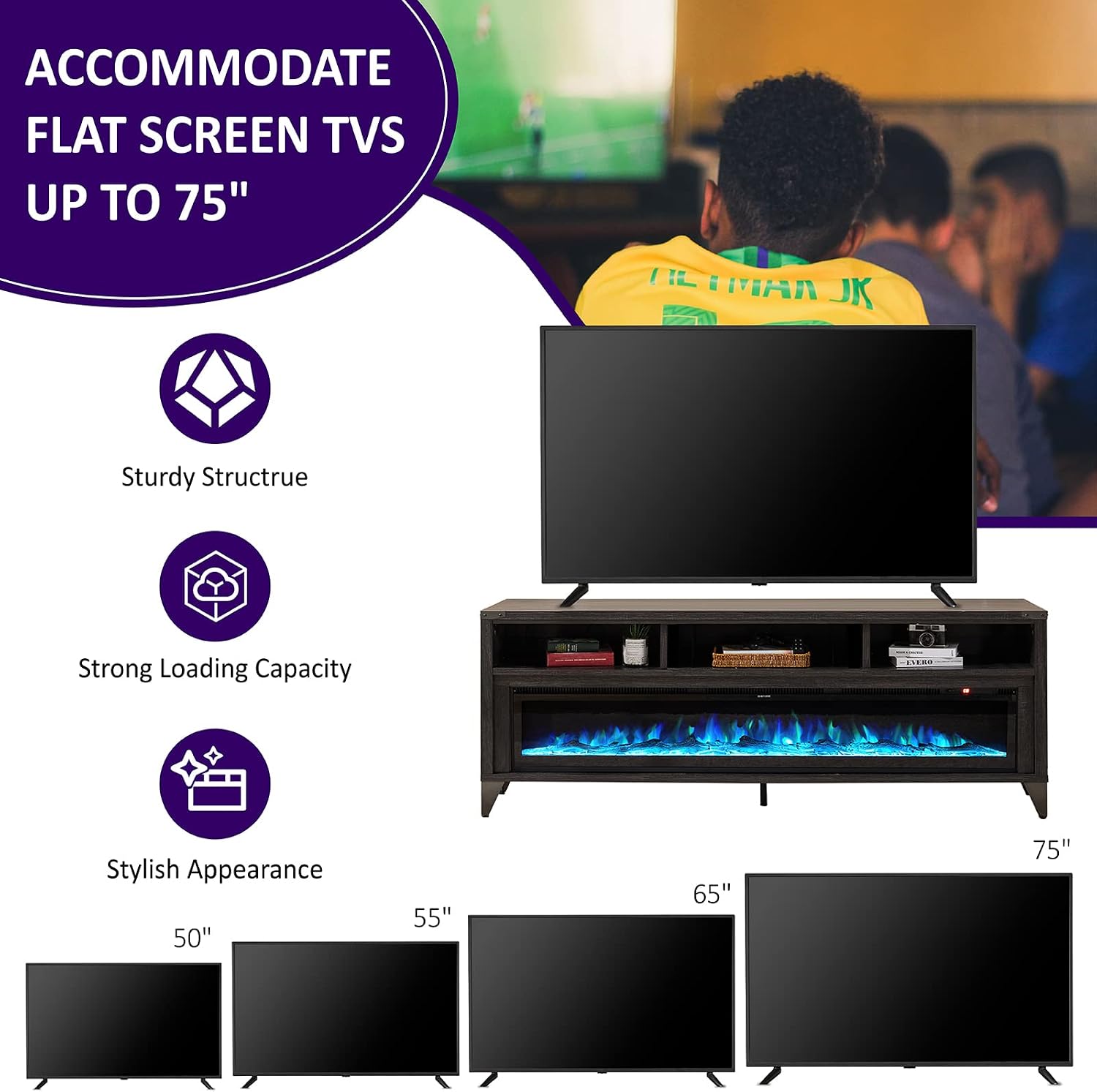 AMERLIFE 65' Fireplace TV Stand with 60' Glass Electric Fireplace, Industrial & Farmhouse Media Entertainment Center with Open Shelve Storage for TVs Up to 75', TV Console for Living Room, Black