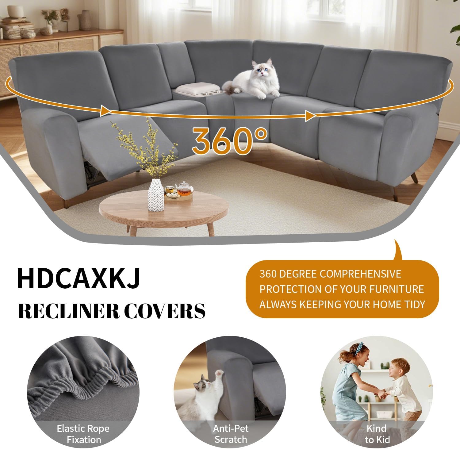 HDCAXKJ Reclining Sectional Couch Covers Velvet L Shaped Sectional Sofa Cover Washable Stretch Soft Corner Recliner Slipcover with Non-Slip Elastic Bottom (5 Seat Recliner Couch, Dark Gray)