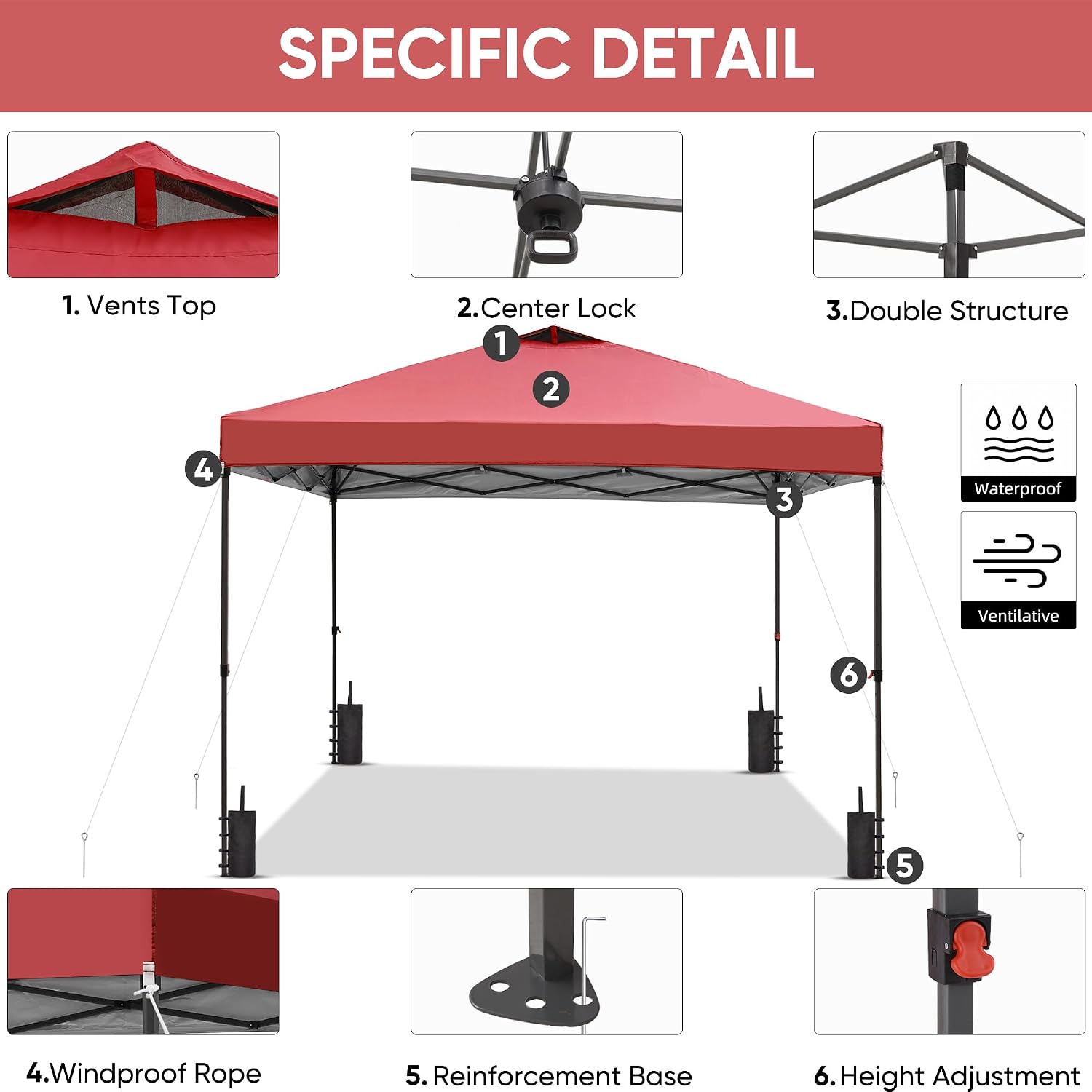GDY 10x10 Pop Up Canopy Patio Carpas, One Push Set up with Central Lock Canopy with Hand Carry Bag, Included 4 Sandbaogs,8 Stakes and 4 Ropes, Red