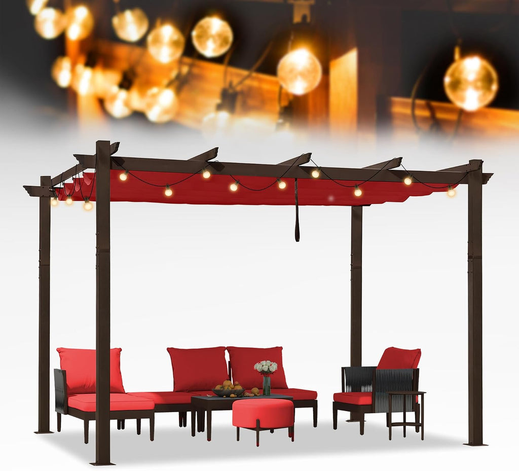 PURPLE LEAF 10' x 12' Retractable Pergola Outdoor Aluminum White Pergola with Sun Shade Canopy Patio Modern Bronze Shelter for Garden Yard Deck Grape, Terra