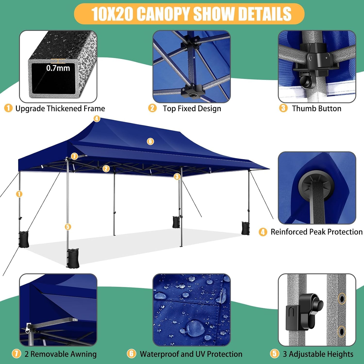 COBIZI 10x20 Pop Up Canopy Tent with Awning,Heavy Duty Canopy UPF 50+ All Season Wind Waterproof Commercial Outdoor Street Vendors Party Tents for Parties Canopy with Roller Bag(10 x 20 ft Dark Blue)