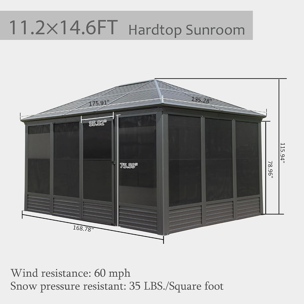 Domi 11.2x14.6FT Outdoor Sunroom, Galvanized Steel Hardtop Enclose Gazebo Sloping Roof, All Weather Aluminum Solarium Screen House for Patio Deck Backyard with Lockable Door, Moveable PVC Screen