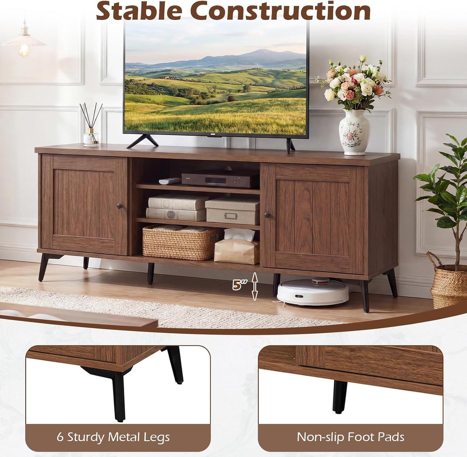 Giantex 2-Door TV Stand for TVs up to 65', Mid Century Modern Entertainment Center with 2 Storage Cabinets & 4 Adjustable Shelves, 6 Metal Legs, Media TV Console Table for Living Room (Walnut)