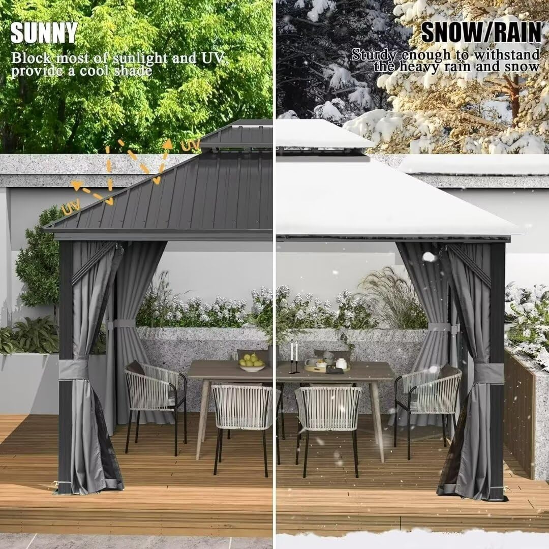 Domi 8' X 10' Hardtop Gazebo Canopy with Netting & Curtains, Outdoor Metal Gazebo with Galvanized Steel Double Roof for Patio Lawn and Garden, Gray