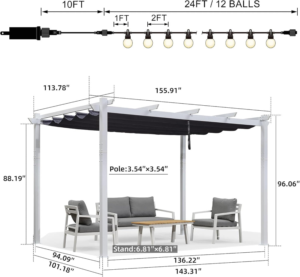 PURPLE LEAF Pergola Retractable Canopy White Patio Metal 10'X 13' Pergola for Backyard Deck Garden, Navy Blue
