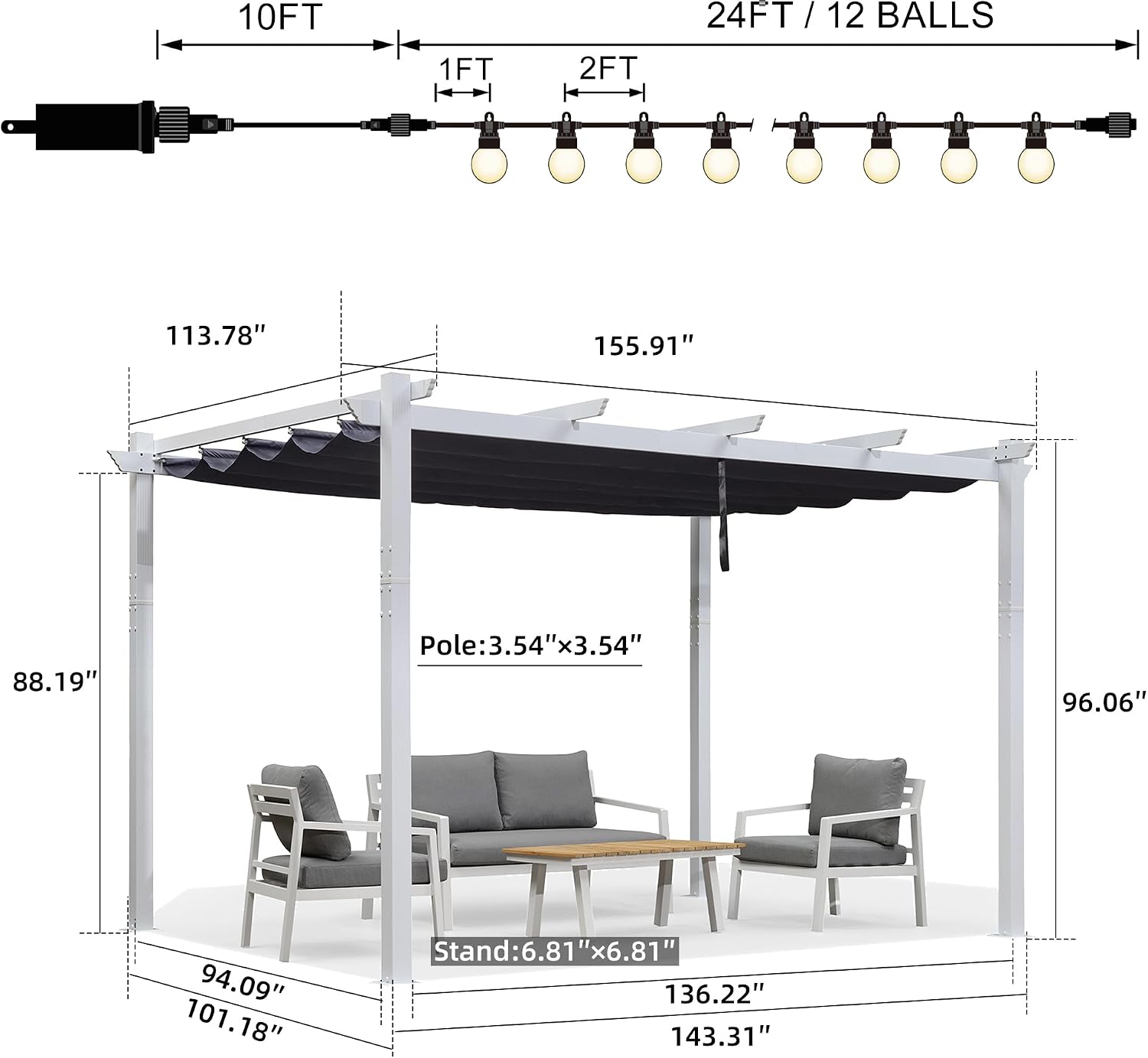 PURPLE LEAF Pergola Retractable Canopy White Patio Metal 10'X 13' Pergola for Backyard Deck Garden, Navy Blue