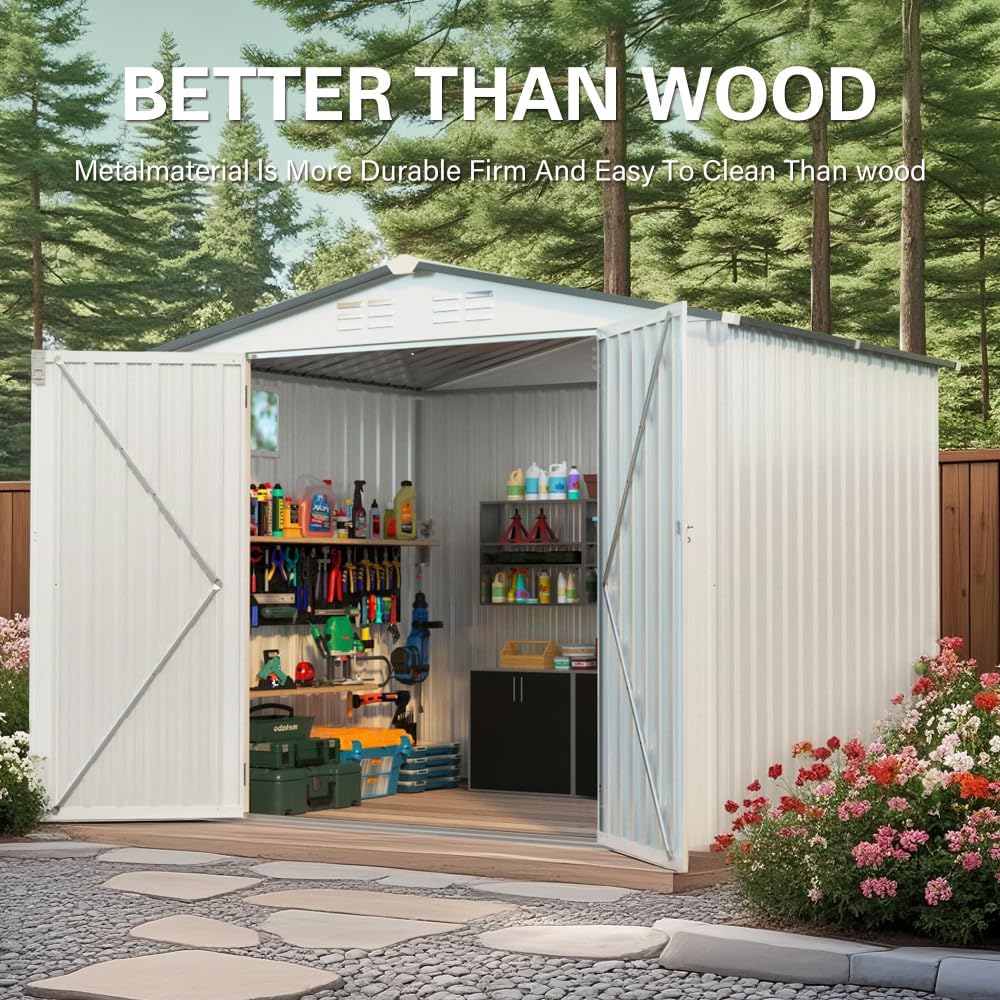 8X6 FT Metal Outdoor Storage Shed with Window & Vents, Waterproof Garden Tool Shed with Lockable Door & Pitched Roof, Durable Steel Bike Storage for Yard, Patio, White & Gray