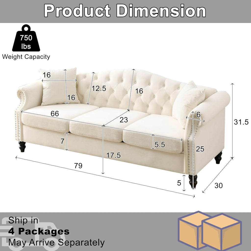 2 Piece Modern Beige Velvet 79' 3-Seater Sofa Sets, Chesterfield Button Tufted Nailhead Combination Couch with 4 Pillows, Trimming Curved Backrest & Rolled Arm Sofa for Living Room