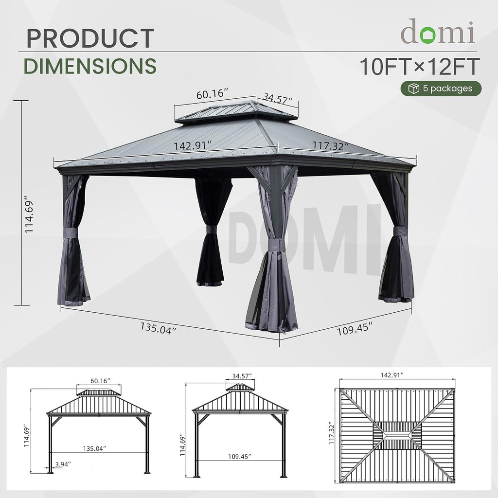 Domi 10' X 12' Hardtop Gazebo, Upgraded Metal Gazebo with Dual-Layer Resin Roof, Drainage System, Curtain and Netting, Outdoor Shelter Canopy for Patio, Garden, and Backyard, Grey