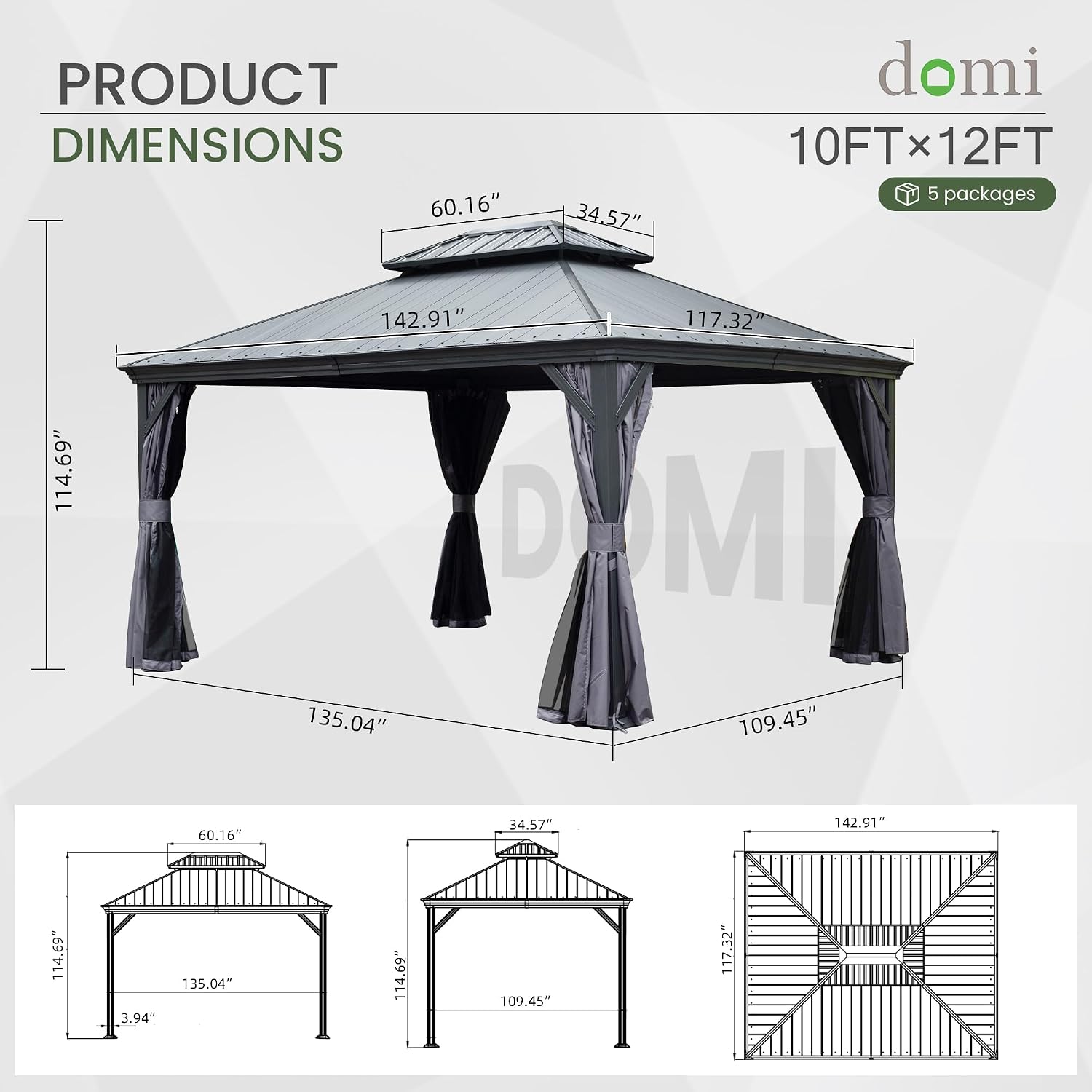 Domi 10' X 12' Hardtop Gazebo, Upgraded Metal Gazebo with Dual-Layer Resin Roof, Drainage System, Curtain and Netting, Outdoor Shelter Canopy for Patio, Garden, and Backyard, Grey