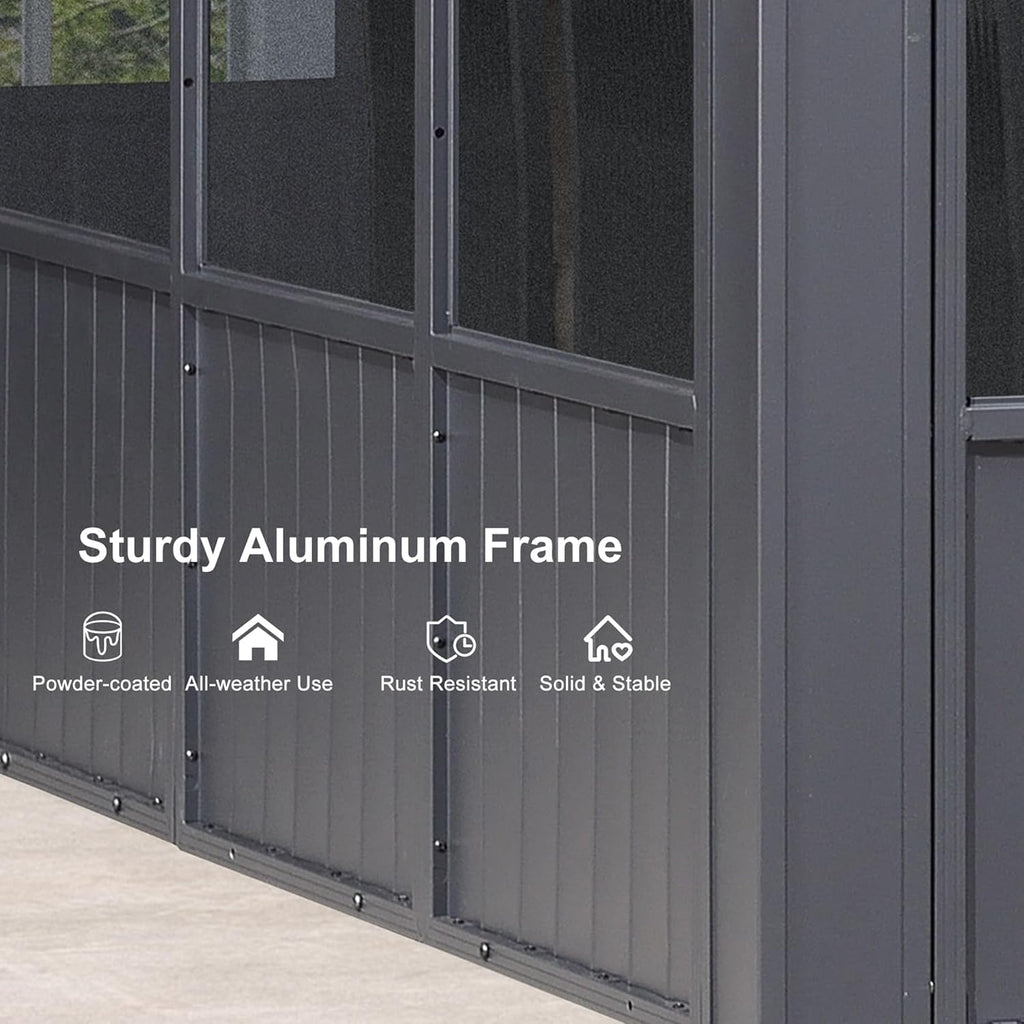 PURPLE LEAF 12' X 14' Solarium Permanent Hardtop Gazebo Galvanized Steel Double Roof Aluminum Outdoor Enclosed Gazebo for Lawn Deck Backyard Grey