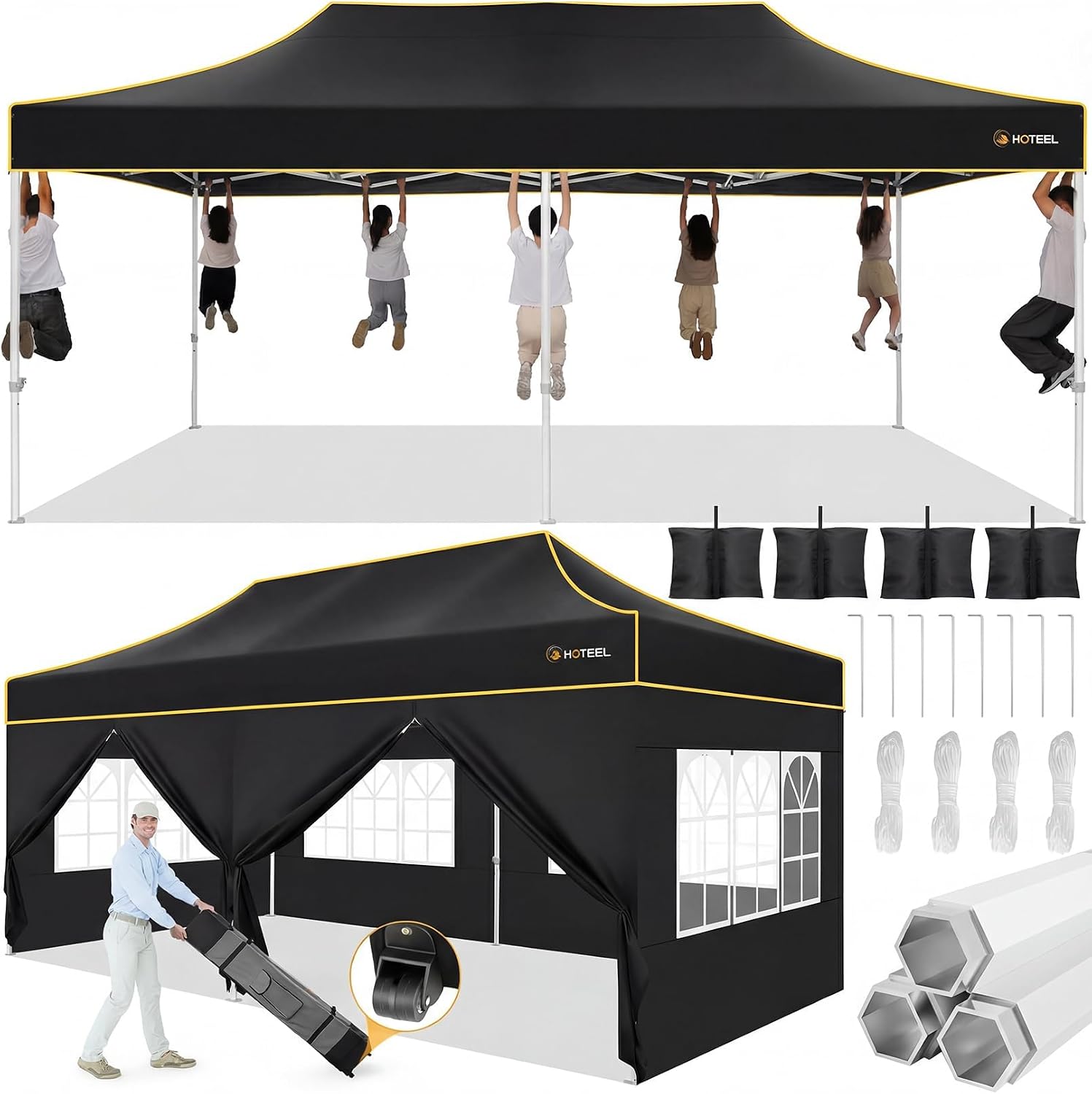 Hoteel 10x20 Pop Up Canopy Tent Heavy Duty with 6 Sidewalls, Waterproof Party Tent, Easy Set-up Commercial Instant Tents with Roller Bag & Sandbags, Hexagonal Leg (1-Year Warranty)