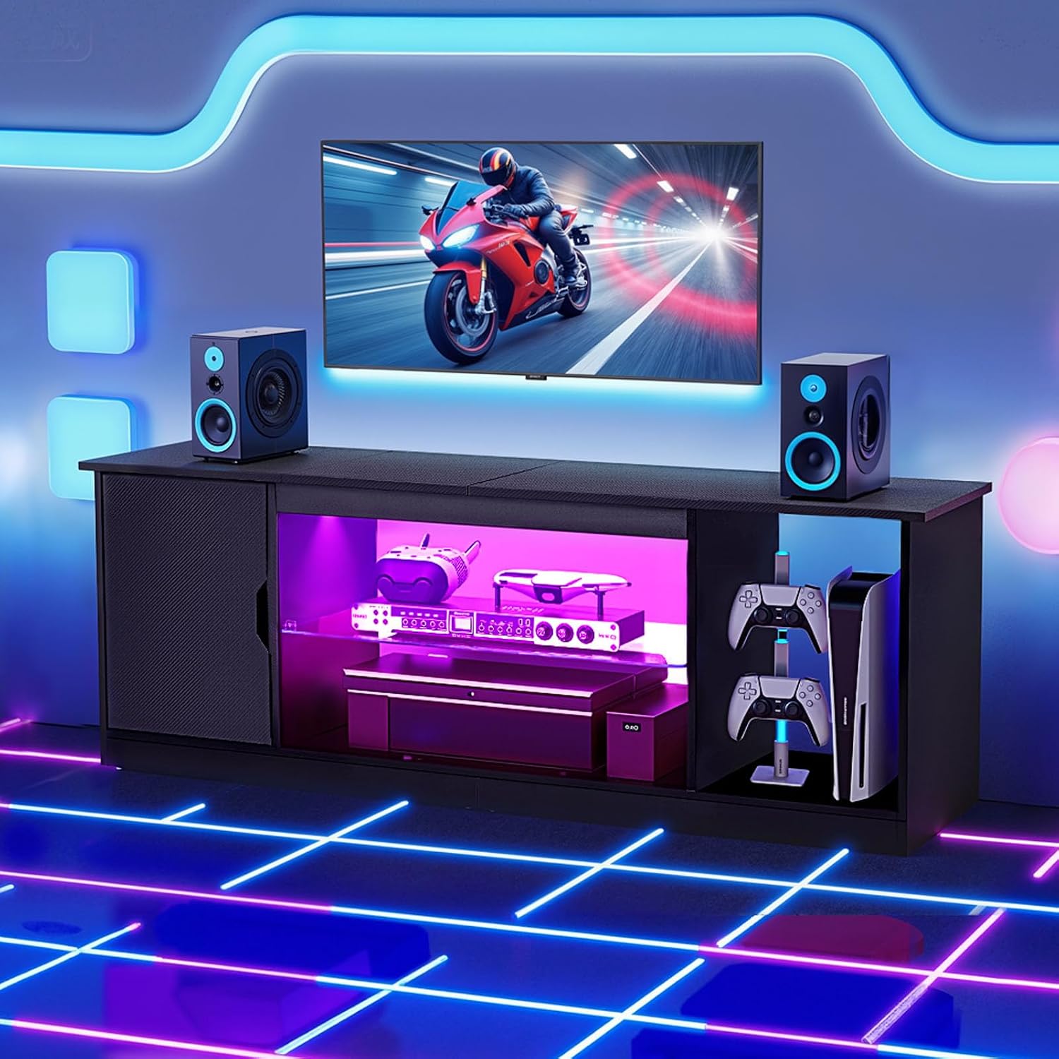 VEVOR Modern TV Stand for 65 inch TVs, LED Entertainment Center with Storage Cabinet for PS5 Xbox Gaming Media Console Table with Adjustable Glass Shelf, Wood TV Cabinet for Living Room Bedroom, Black