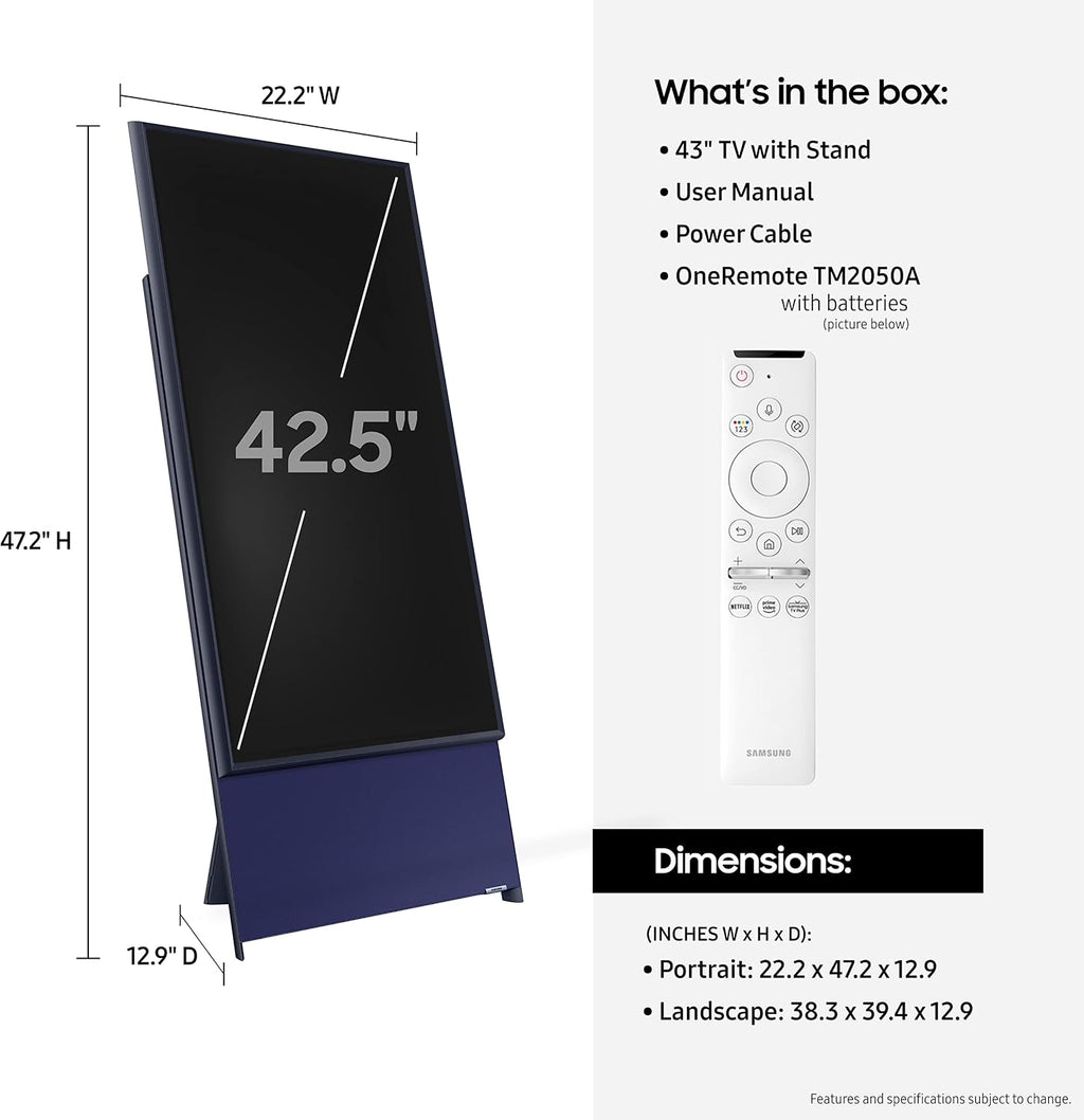 SAMSUNG 43-Inch Class The Sero LS05B Series - QLED 4K, Rotating screen, Matte Display, Premium Speakers Smart TV w/ Alexa Built-in (QN43LS05BAFXZA, Latest Model)