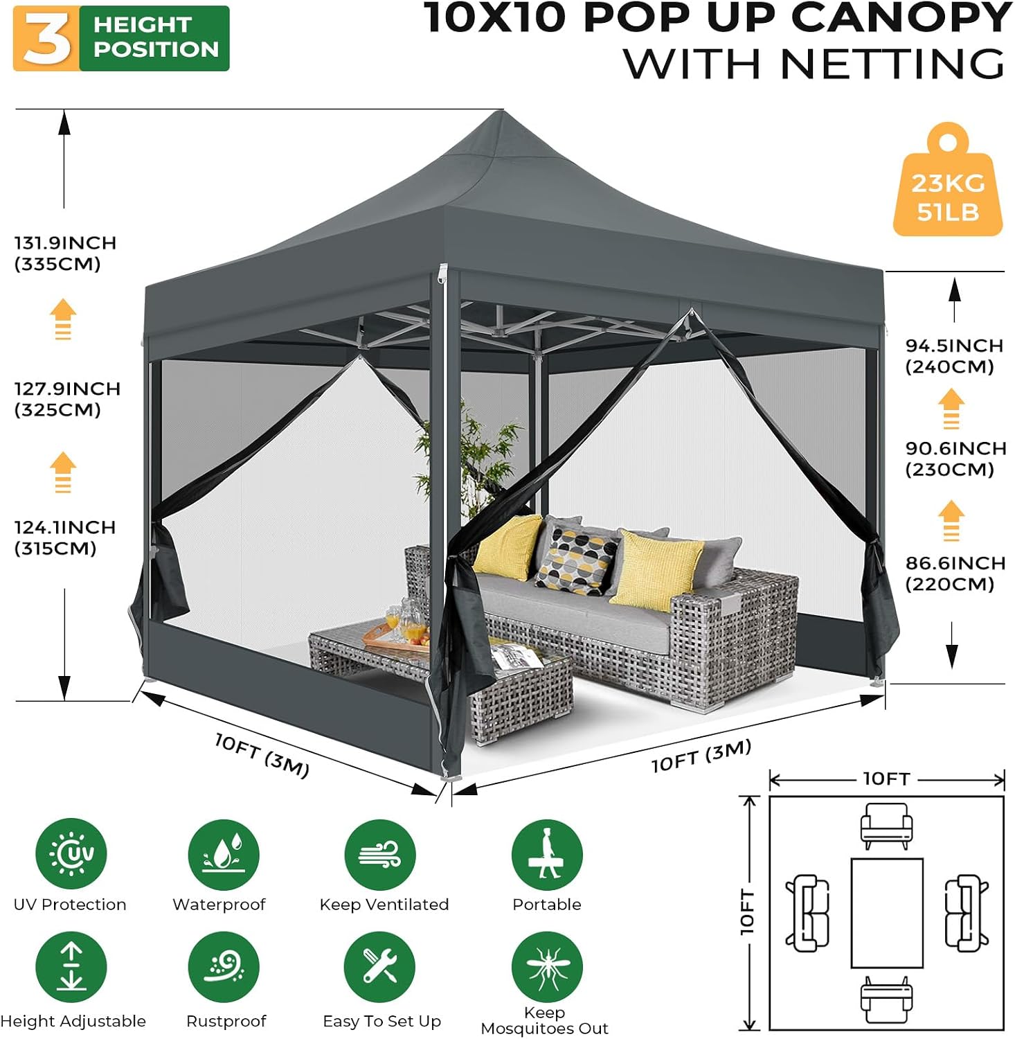 COBIZI 10x10 Heavy Duty Pop Up Canopy Tent with 4 Sidewalls, Easy Set Up Outdoor Waterproof Screen Commercial Party Tent with Mosquito Netting for Parties Backyard Patio, Carry Bag, Gray