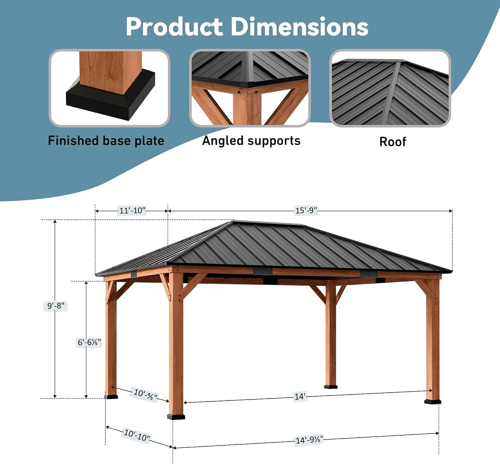 Big Leaf 12'x16' Wood Gazebo with Galvanized Steel Roof - Hardtop Gazebo with Cedar Frame Permanent Hardtop Pavilion with Mosquito Netting & Curtains for Garden, Backyard