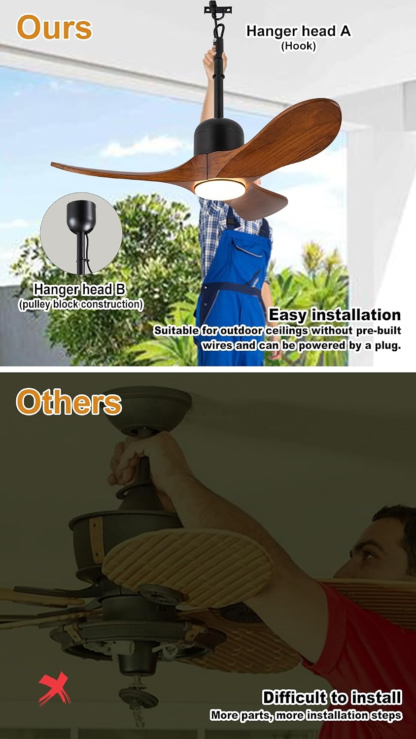 34 Inch Outdoor Ceiling Fan with Light and Remote, Wet Rated Wood Gazebo Fan with 16ft Plug-in Cord, 3 Walnut Blades Farmhouse Patio Fan, Reversible DC Motor, Memory Function, Matte Black