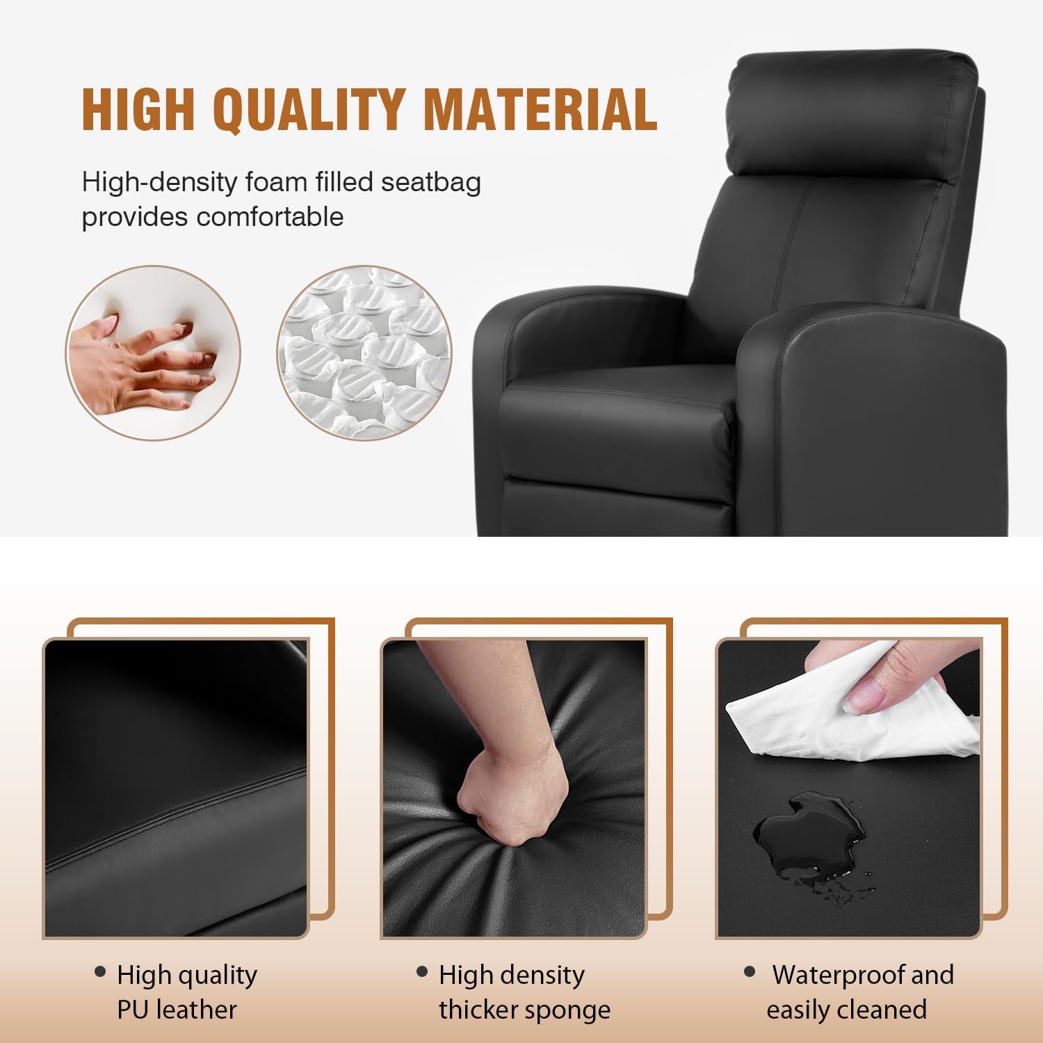 FDW Recliner Chair Push Back Sofa Home Theater Seating with Lumbar Support and Leather Padded Seat Backrest for Living Room