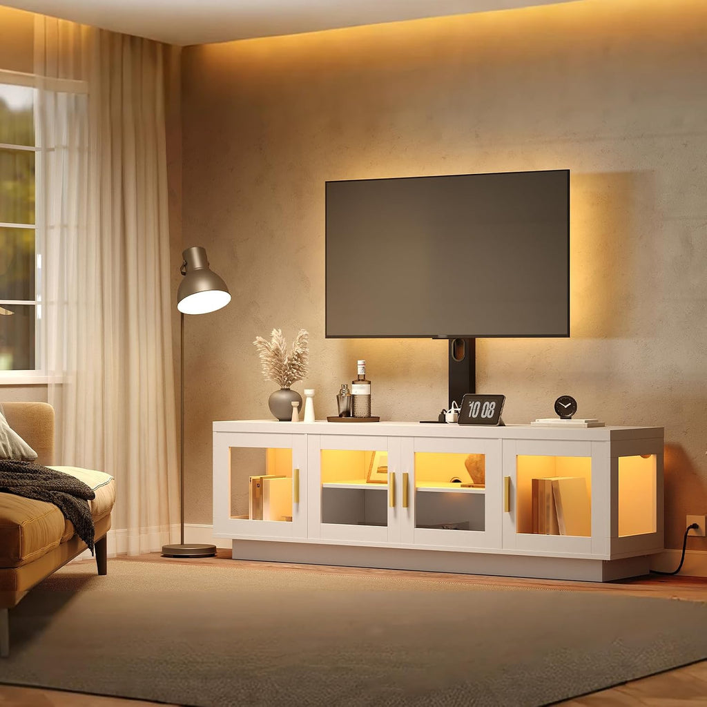 RALGEND TV Stand with Mount and Power Outlet, Swivel TV Stand Mount with LED Lights for 32/45/55/60/65/70/75 inch TVs, Entertainment Center Media Console with Height Adjustable Mount, White and Black
