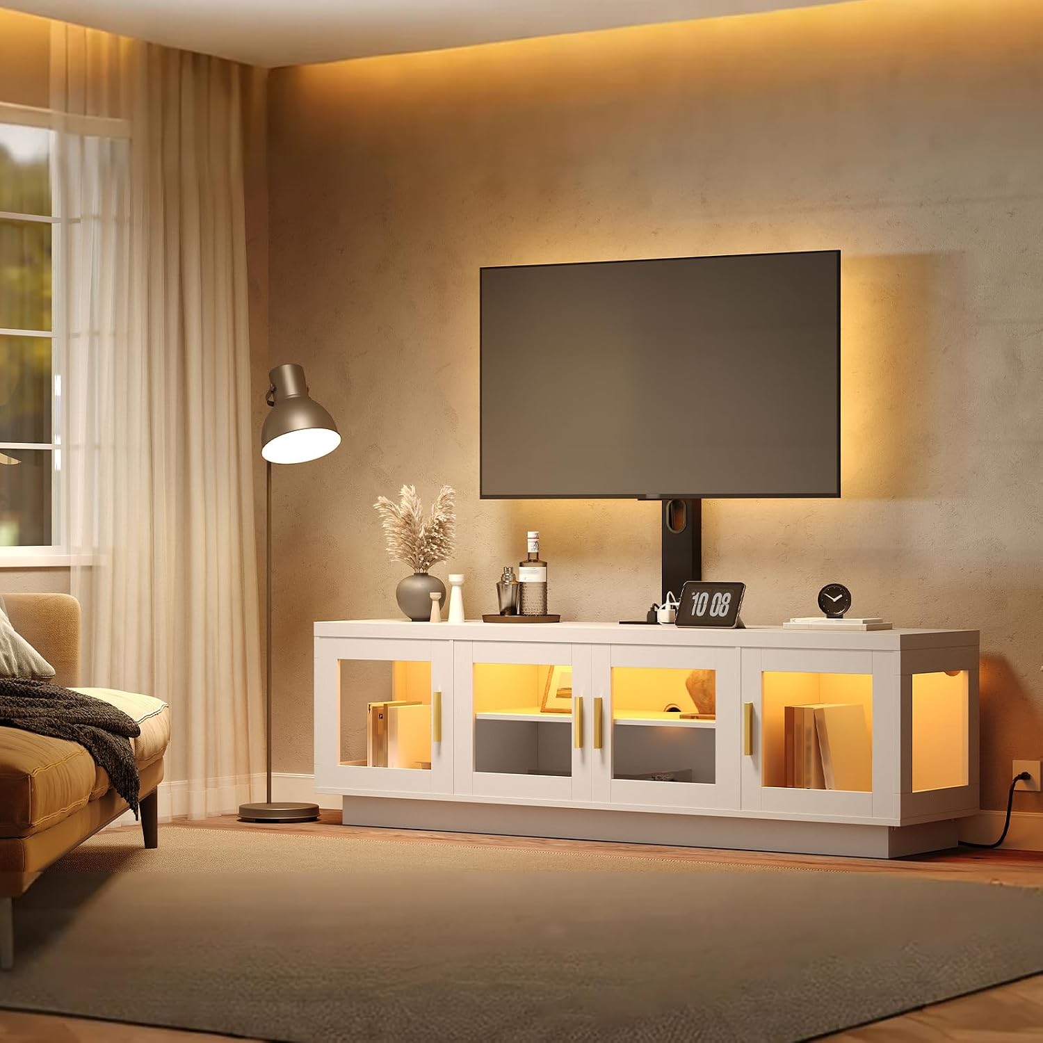 RALGEND TV Stand with Mount and Power Outlet, Swivel TV Stand Mount with LED Lights for 32/45/55/60/65/70/75 inch TVs, Entertainment Center Media Console with Height Adjustable Mount, White and Black