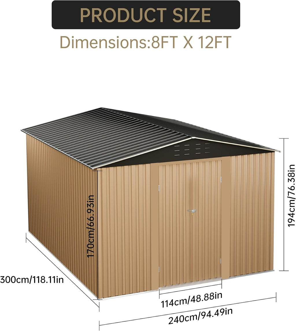 Outdoor Storage Shed,8x12 FT Large Garden Shed,Large Metal Tool Sheds with Sloping Roof and Vents,Updated Reinforced and Lockable Doors Frame Metal Storage Shed for Patio for Backyard,Patio,Garage