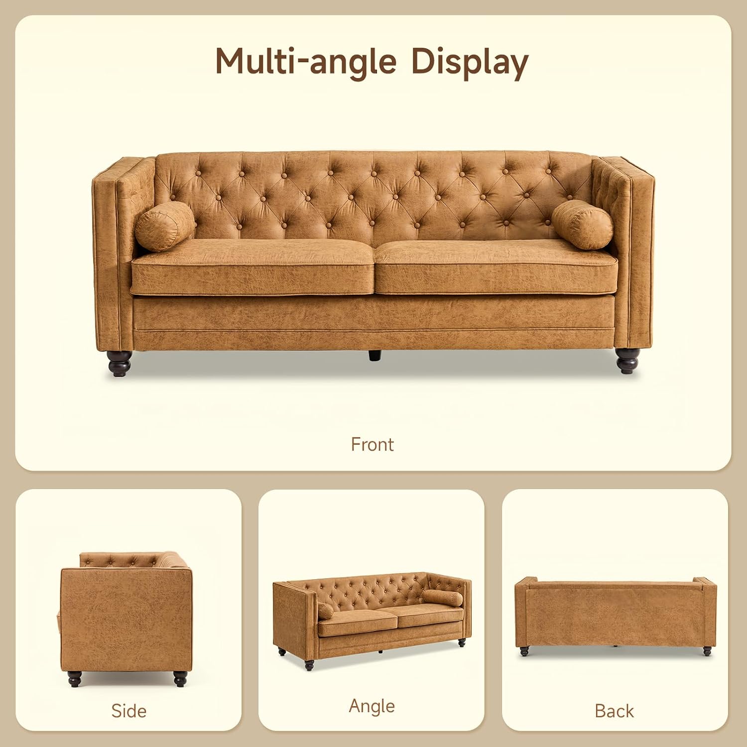ONBRILL 79'' Faux Leather Couch for Living Room, Comfy Chesterfield Button-Tufted Sofa with 2 Bolster Pillows and Wood Legs, Mid-Century Modern Deep Seat Couch for Apartment, Office, Caramel