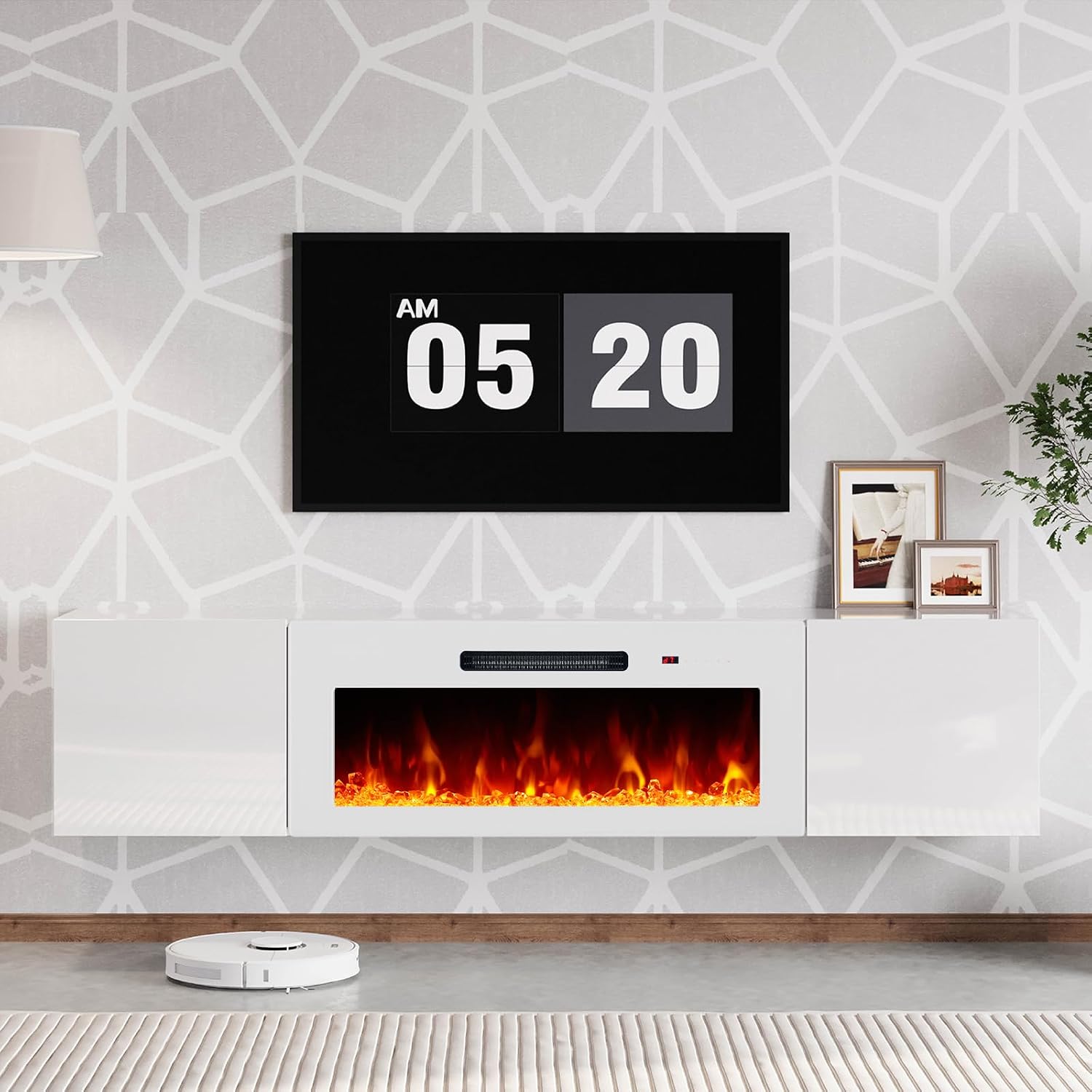 AMERLIFE Floating TV Stand with 36' Electric Fireplace, High Gloss Finish Wall Mounted Fireplace Entertainment Center with Storage for TVs Up to 78', All White