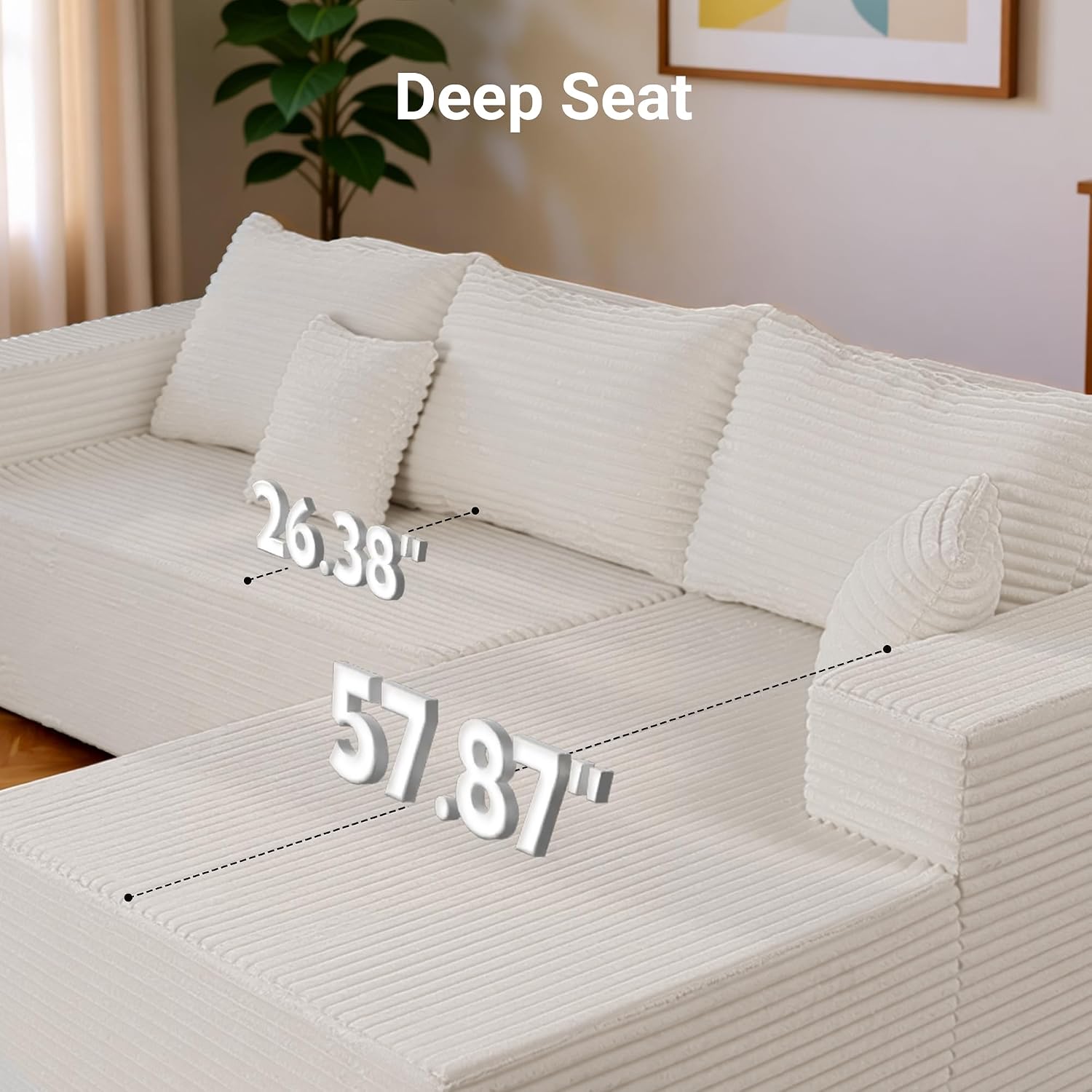 Claiks 104' Boneless Couch, Cloud Couch Sectional, L-Shape Corduroy Modular Sectional Sofa Deep Seat, Upholstered Couches for Living Room, No Assembly Required, Beige, Right Facing Chaise