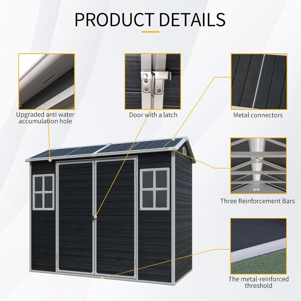 8x4 FT Outdoor Storage Shed with Floor, Weather Resistant Tool Shed with Lockable Door, Vents & Windows, Resin Garden Sheds with Sloped Roof for Backyard, Patio, Lawn, Black