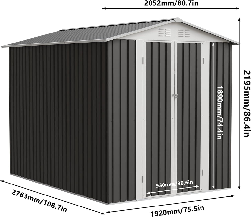 6x9 FT Large Outdoor Storage Shed, Galvanized Tool Shed, Metal Garden Shed with Apex Roof & Lockable Door& Air Vent, Waterproof Rust-Resistant for Patio Furniture Lawnmower Bike