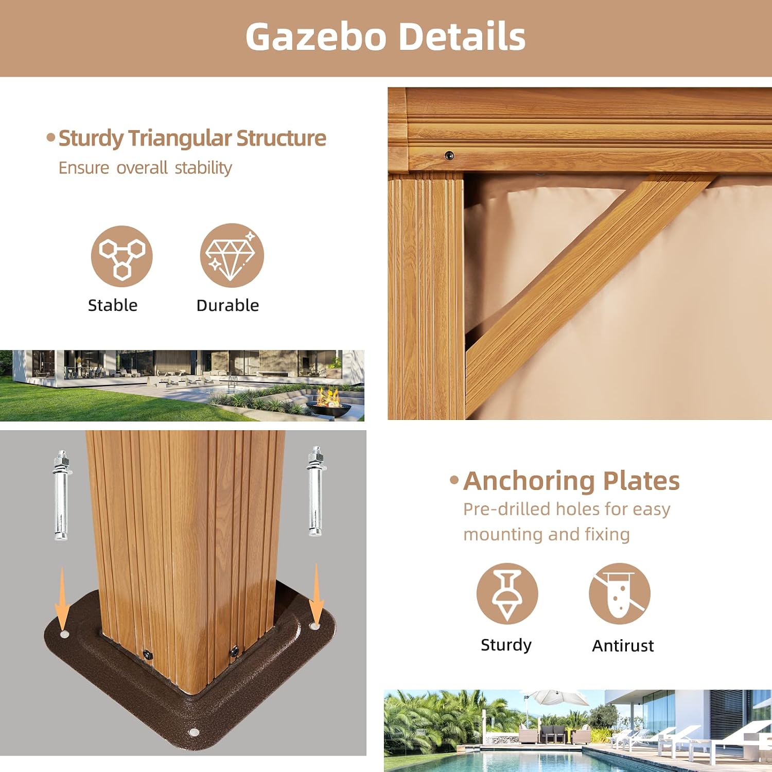 MELLCOM 10'x12' Hardtop Gazebo, Wooden Finish Coated Aluminum Frame Canopy with Galvanized Steel Roof, Outdoor Metal Gazebos with Curtains and Nettings for Patio, Backyard, Deck and Lawns