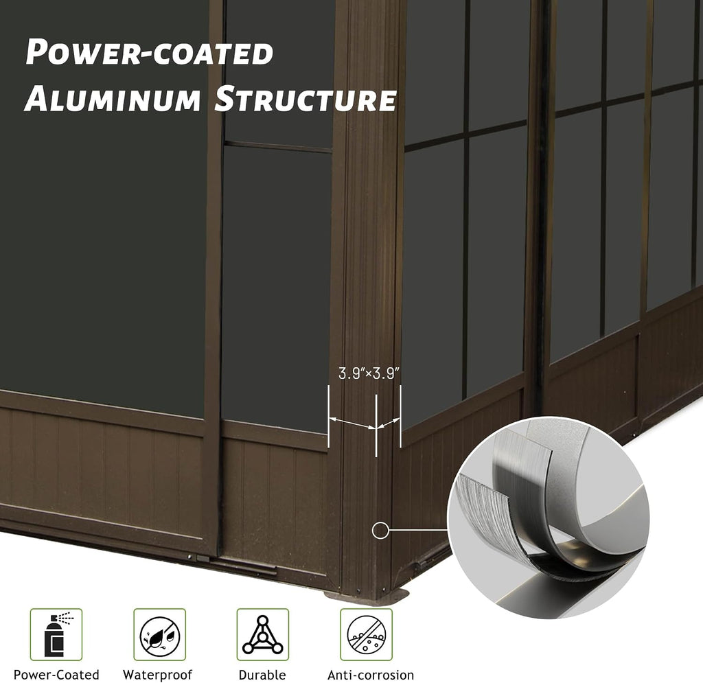 10x12FT Wall Mounted Sunroom, Outdoor Permanent Lean-to Solarium with Detachable Polycarbonate Roof, 2 Lockable Sliding Doors, Aluminum Gazebo Against The Wall Sun Room for Garden Patio Deck