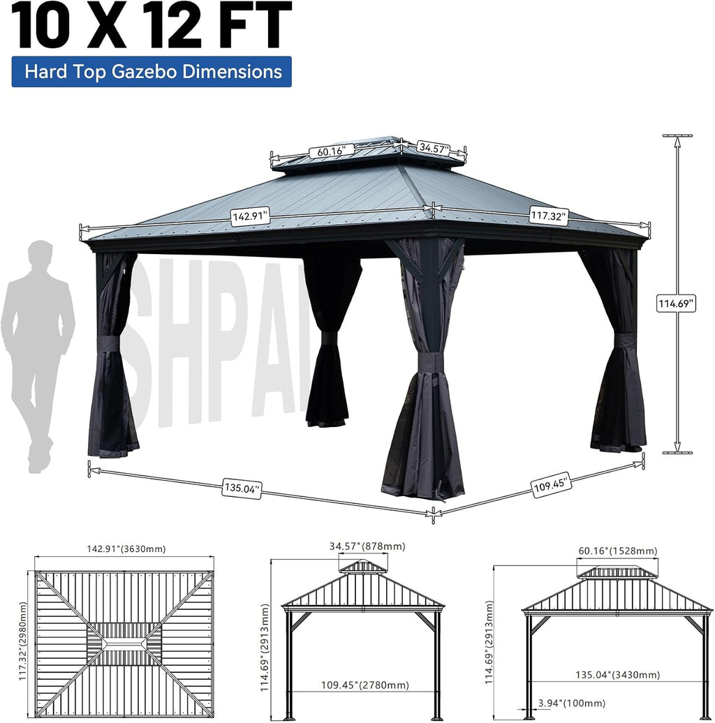Outdoor Hardtop Gazebo for Patio 10x12FT with Resin-Galvanized Steel Roof, Metal Hard Top Gazebo with Gutters, Heavy Duty Gazebos All Season with Curtains & Netting, for Deck, Backyard, Hot Tub