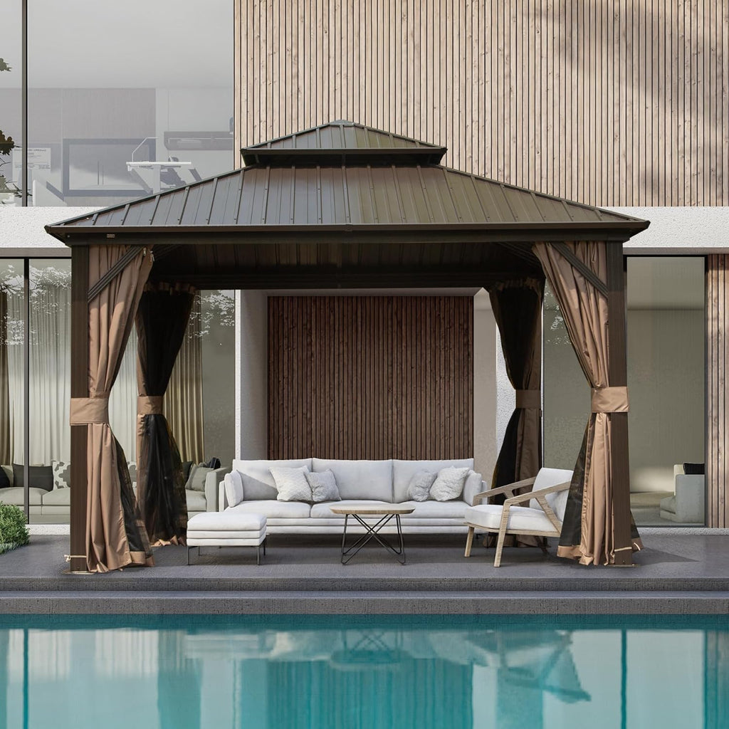 Domi 8x8FT Hardtop Gazebos, Aluminum Metal Gazebo with Galvanized Steel Double Roof Canopy, Curtain and Netting, Permanent Gazebo Pavilion for Patio, Backyard, Deck and Lawn, Brown