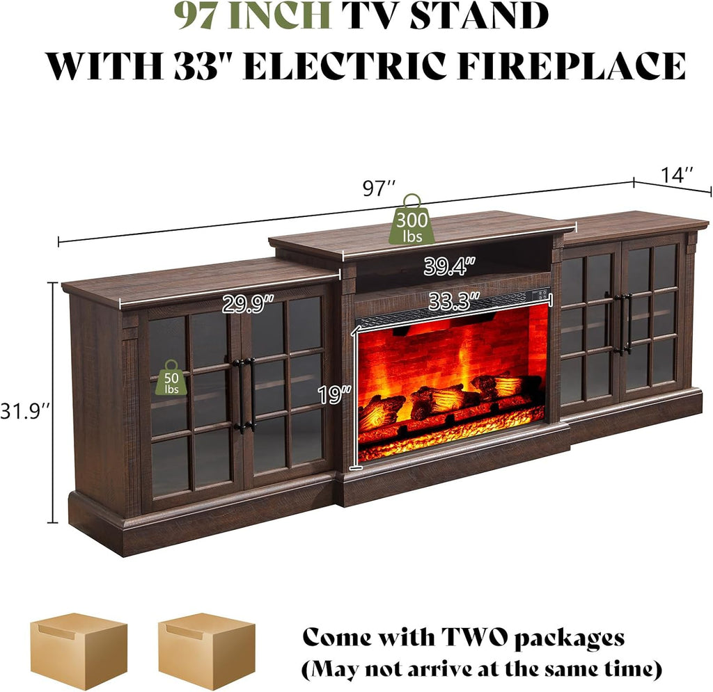 AMERLIFE 97' Farmhouse Fireplace TV Stand, Entertainment Center with Large Storage Space and Adjustable Shelf, Media Console for Living Room, Rustic Brown