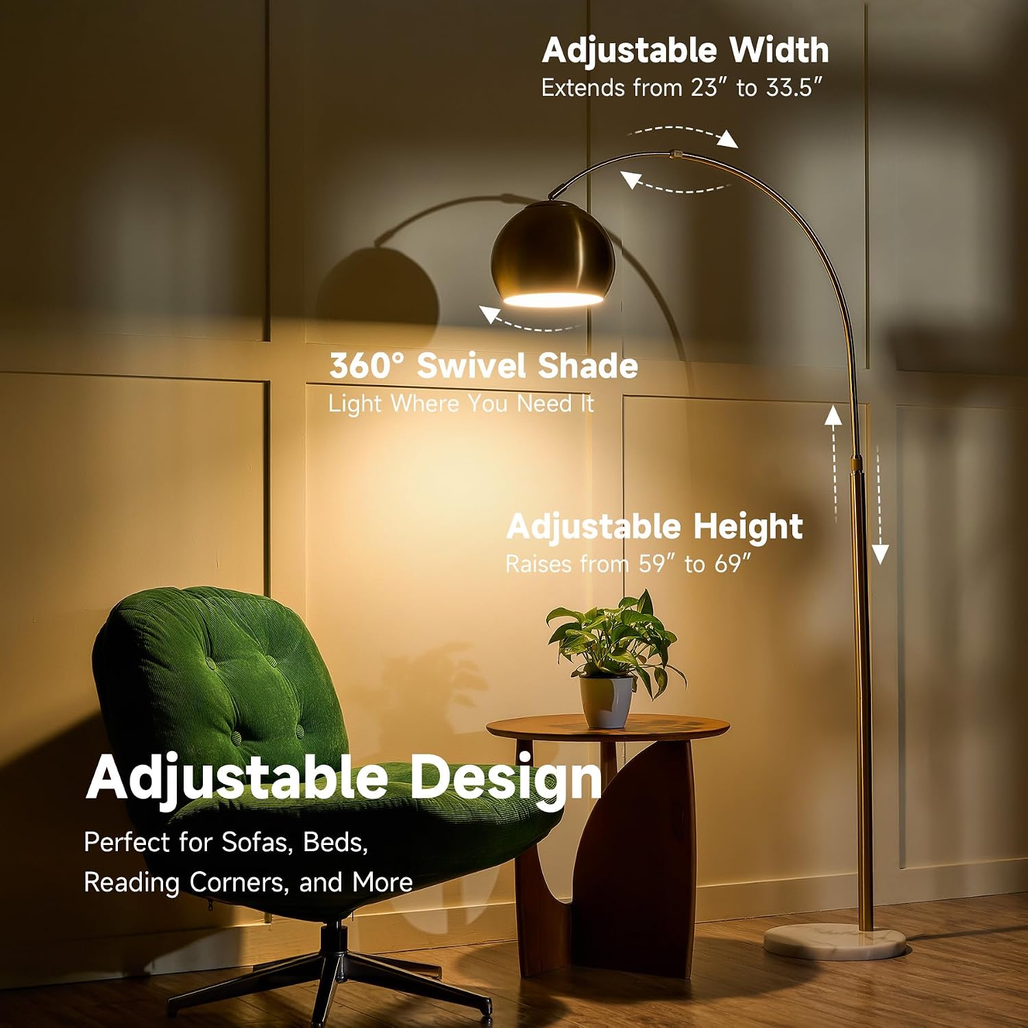 CO-Z 69' Modern Arc Floor Lamp, Gold Standing Light with Adjustable Metal Shade and Marble Base, LED Bulb Included, Contemporary Lighting for Living Room or Sofa