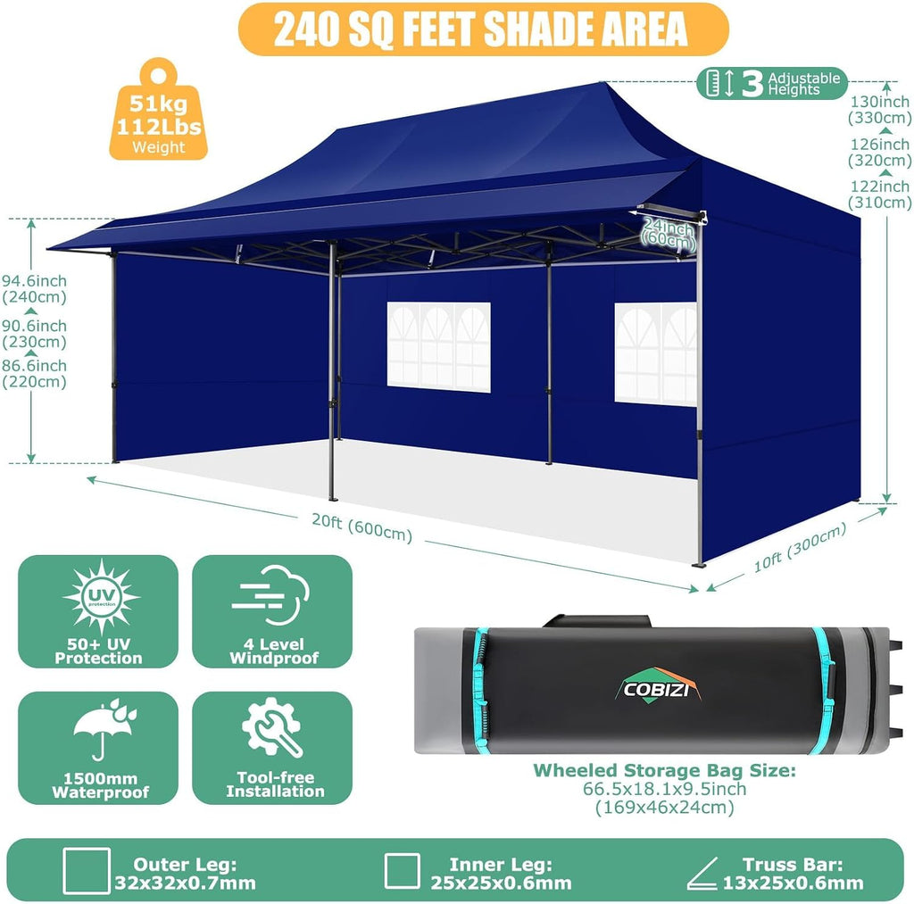 COBIZI 10x20 Pop Up Canopy Tent with Awning,Heavy Duty Canopy UPF 50+ All Season Wind Waterproof Commercial Outdoor Street Vendors Party Tents for Parties Canopy with Roller Bag(10 x 20 ft Dark Blue)