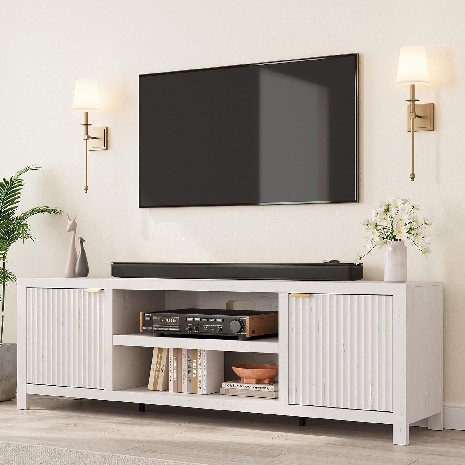 IDEALHOUSE Fluted TV Stand for 75+ Inch, Modern Entertainment Center with 2-Tier Storage & Adjustable Shelves, Media Console Cabinet with 2 Fluted Doors and Gold Handle for Living Room, Bedroom, White
