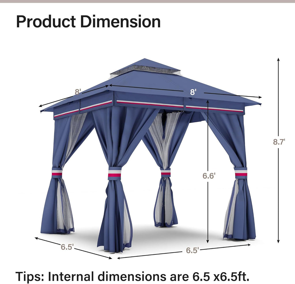 LAUSAINT HOME 8'x8' Outdoor Gazebo with 50FT String Lights, Metal Heavy Duty Patio Canopy Tent with Double Roofs, Mosquito Nettings and Privacy Screens for Backyard, Garden, Lawn, Classic Blue