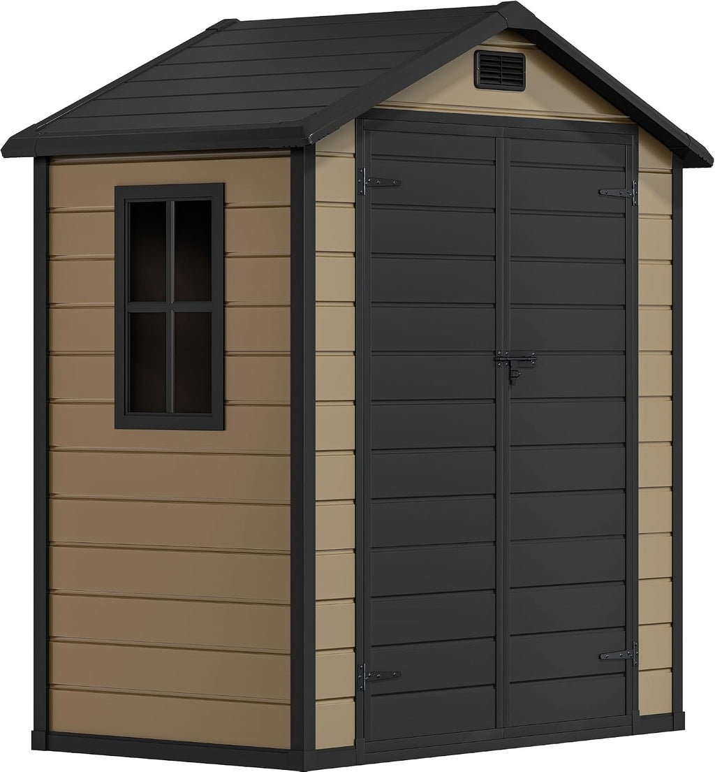 DWVO 6.2x3.4 FT Outdoor Resin Storage Shed with Floor, All-Weather Bike Storage Shed with Lockable Door, Window and Vent, Waterproof Plastic Tool Storage for Garden, Backyard, Patio, Lawn, Brown