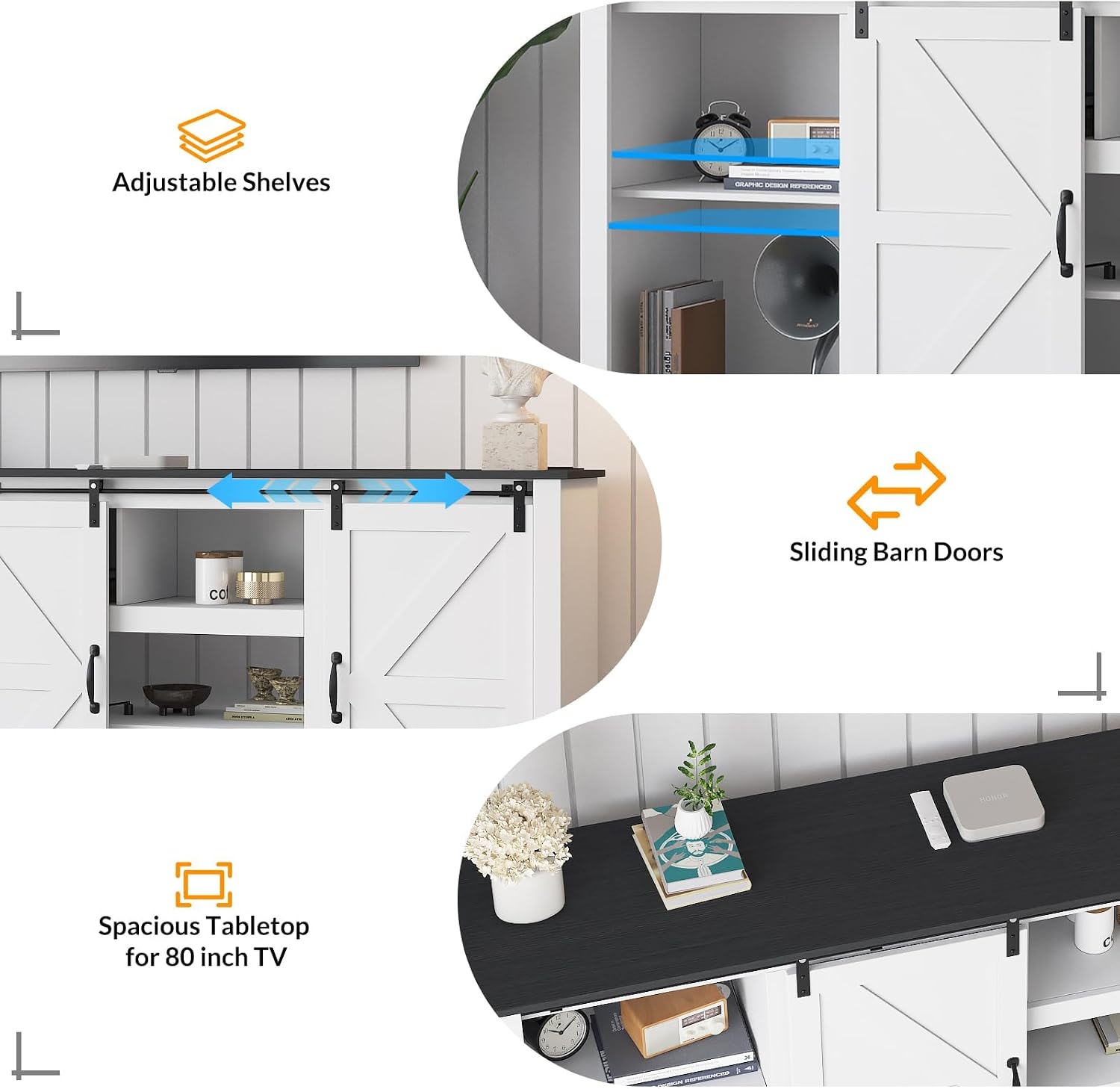 GarveeHome 70' Farmhouse TV Stands for 80-85' TVs, Rustic Wooden Entertainment Center with Adjustable Shelves & Sliding Barn Door, TV Console Table with Open Storage for Home, White+Black Top