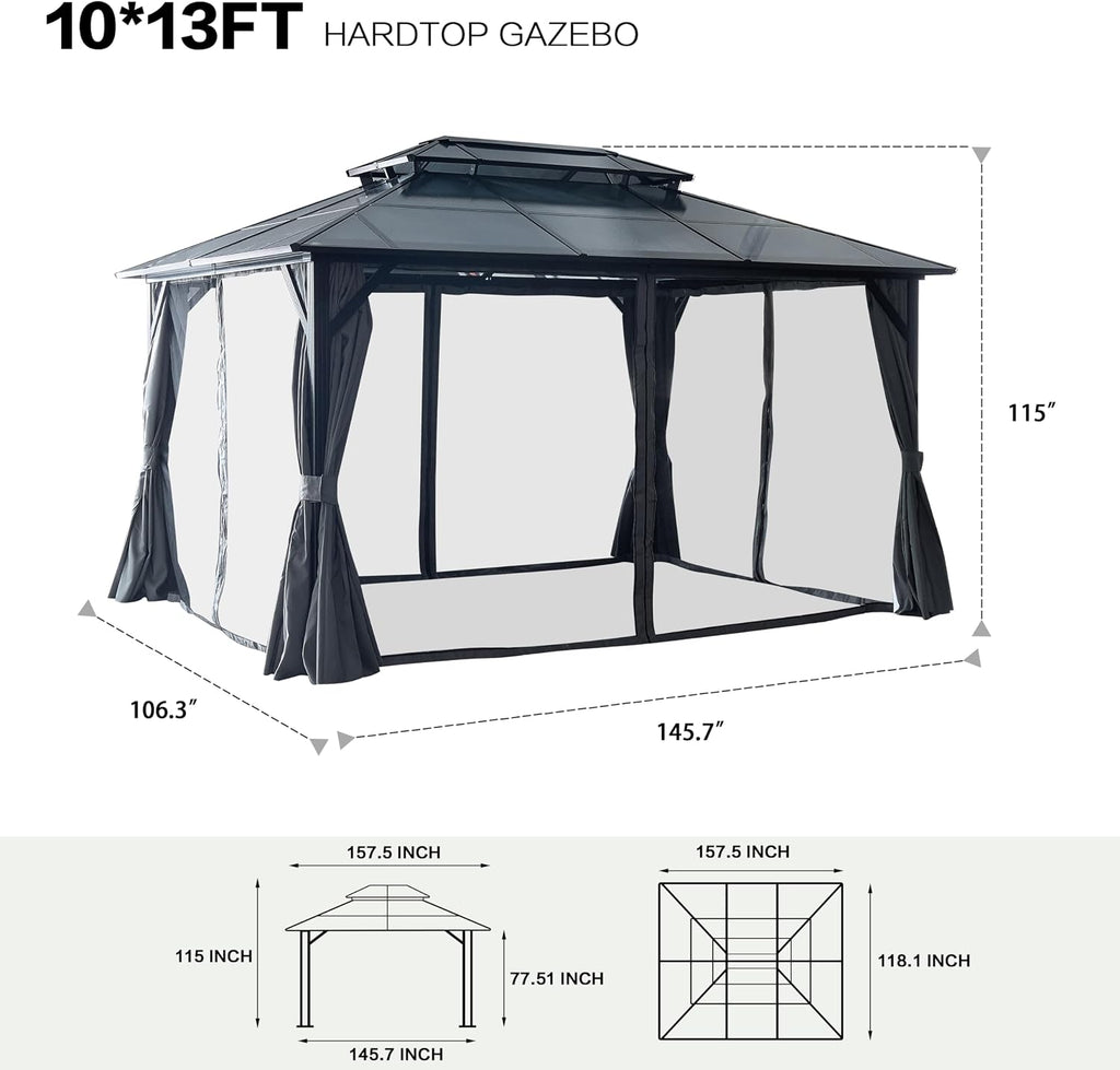 10x13ft Outdoor Hardtop Gazebo with Netting and Curtains, Heavy-Duty Galvanized Aluminum Frame Gazebo with 2-Tier Waterproof Polycarbonate Roof for Patio, Backyard, Deck and Lawns, Black