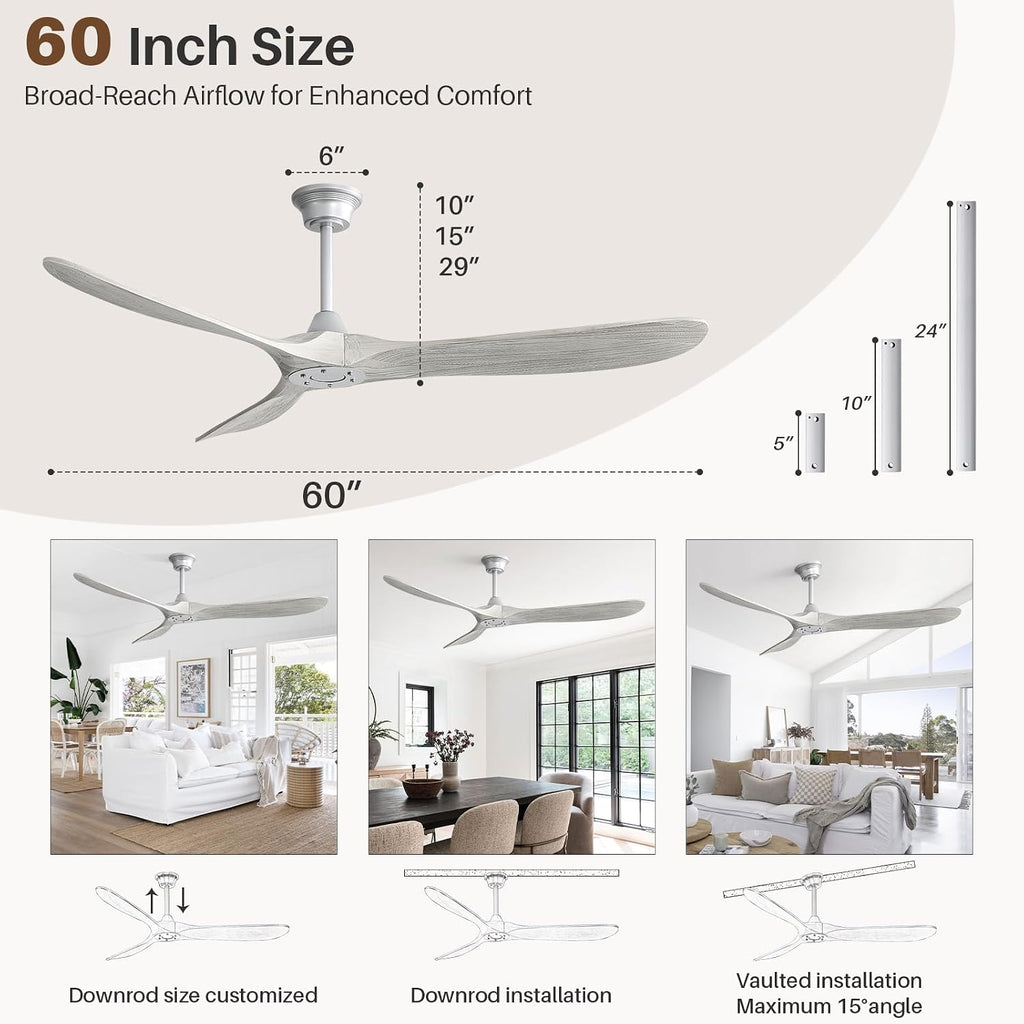 CACI Mall 60' Ceiling Fan no Light, Outdoor Ceiling Fans for Patios Without Lights, Remote Control, Solid Wood 3 Blades, Quiet, Indoor Ceiling Fan for Living Room, Patio, Bedroom, Porch, Farmhouse