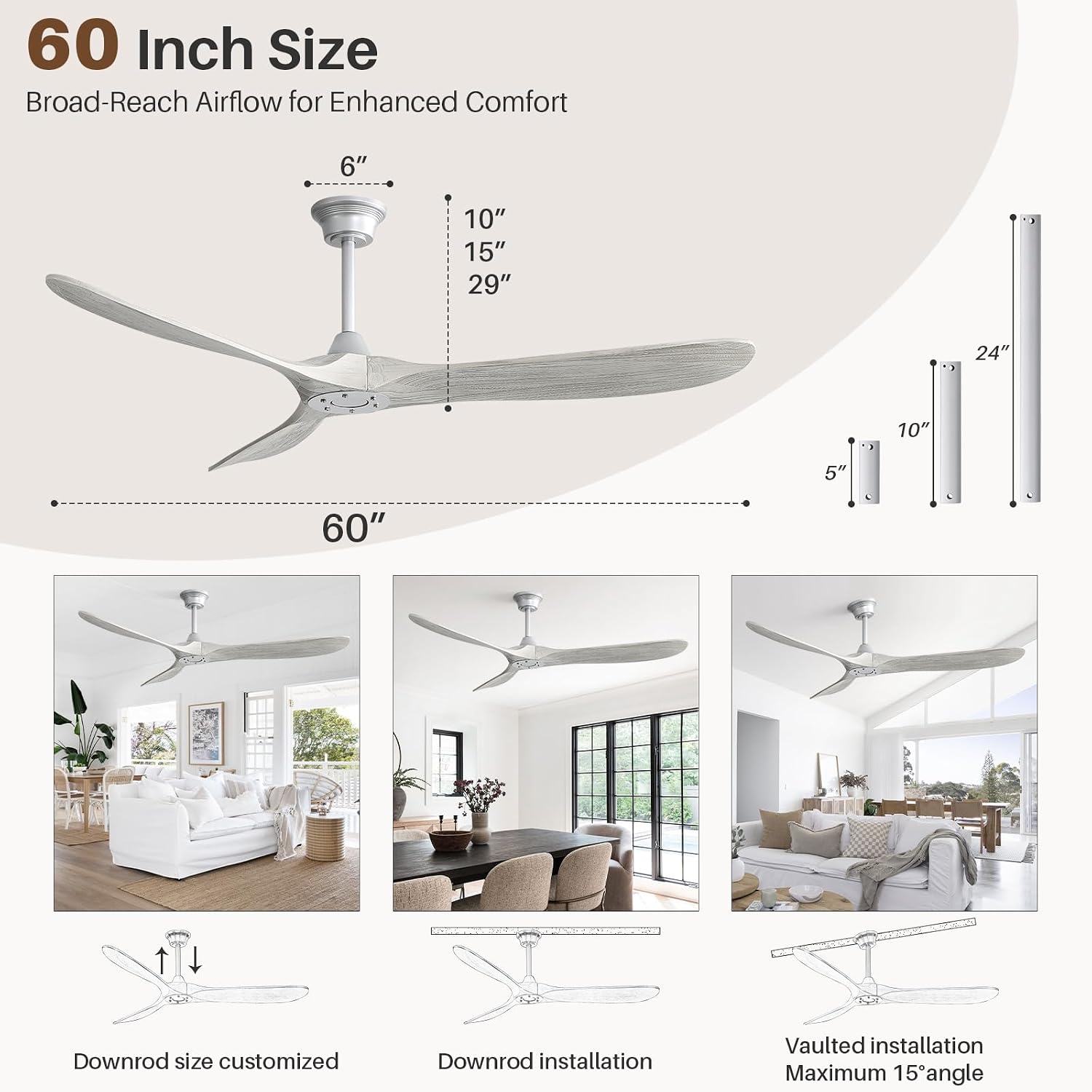 CACI Mall 60' Ceiling Fan no Light, Outdoor Ceiling Fans for Patios Without Lights, Remote Control, Solid Wood 3 Blades, Quiet, Indoor Ceiling Fan for Living Room, Patio, Bedroom, Porch, Farmhouse